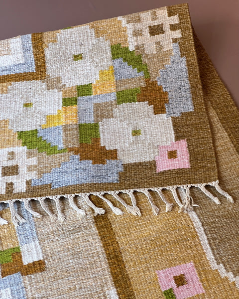 Vintage brown muli-coloured flat weave rug by Ingegerd Silow (IS)