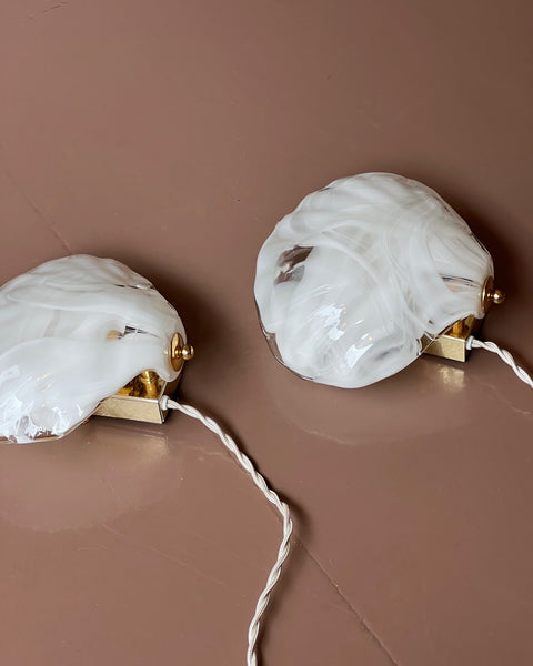 Vintage milky white/clear Murano wall lamps (sold as a pair)