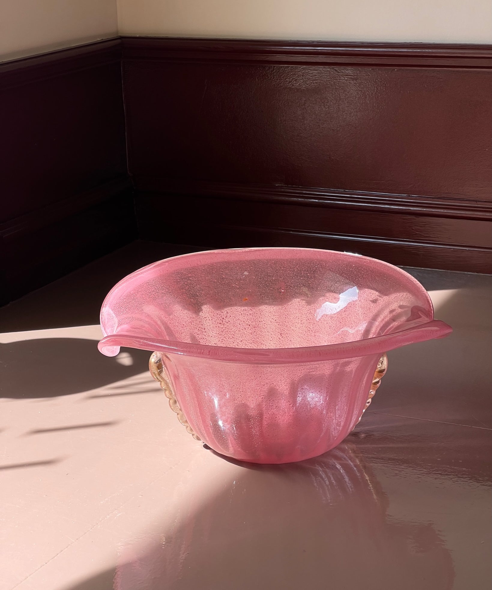 Vintage large pink/golden Murano shell bowl