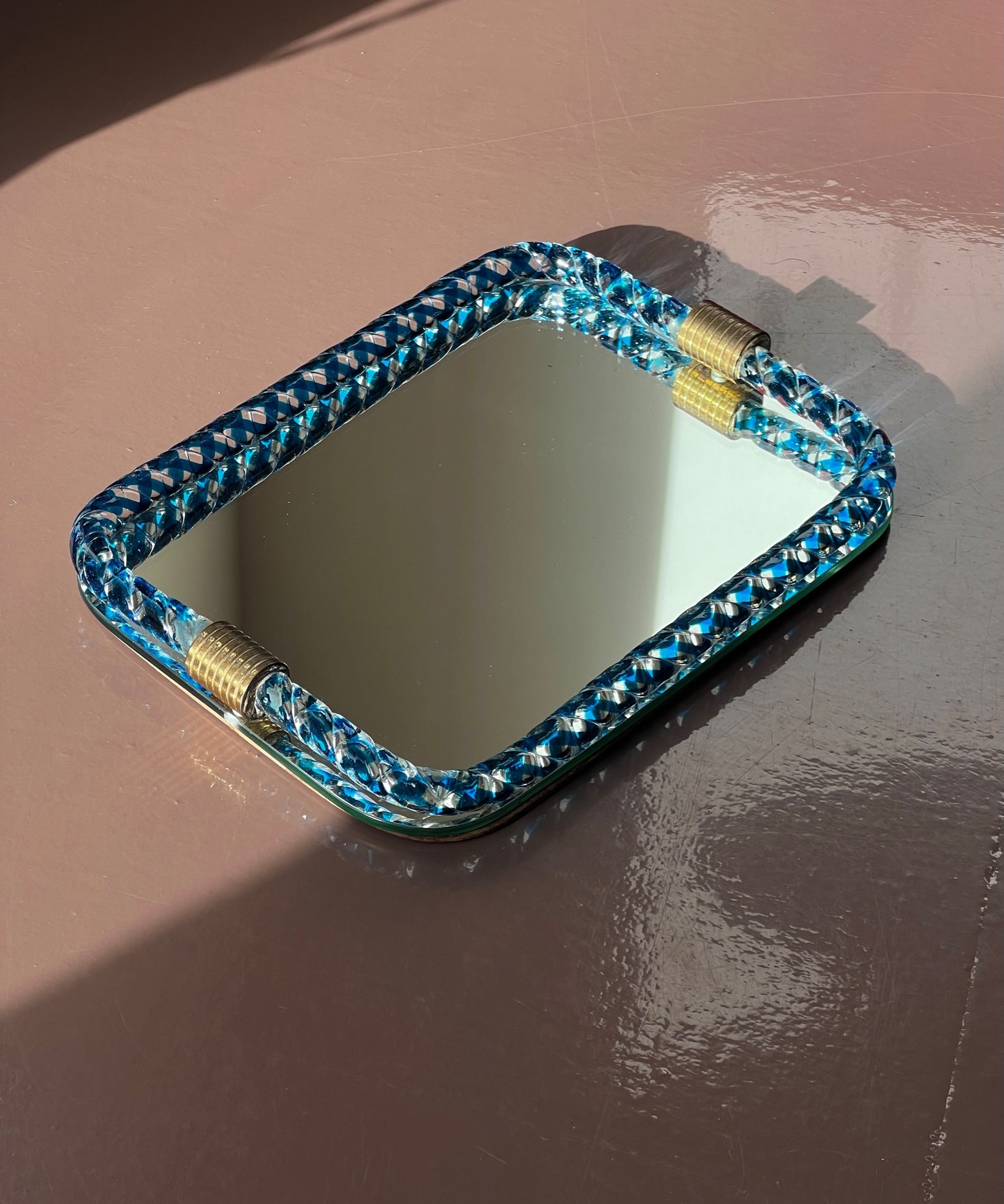 Vintage Italian mirror with twisted clear/blue squared glass frame