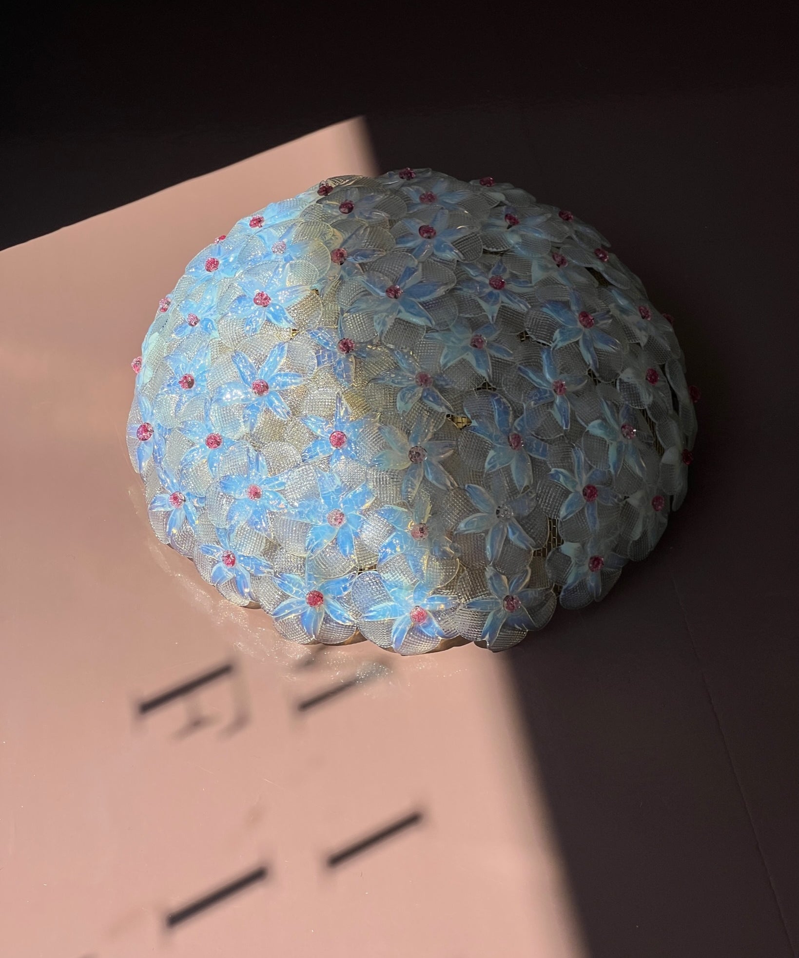 Large vintage opal blue/clear/golden/pink Murano flower ceiling lamp (D45)
