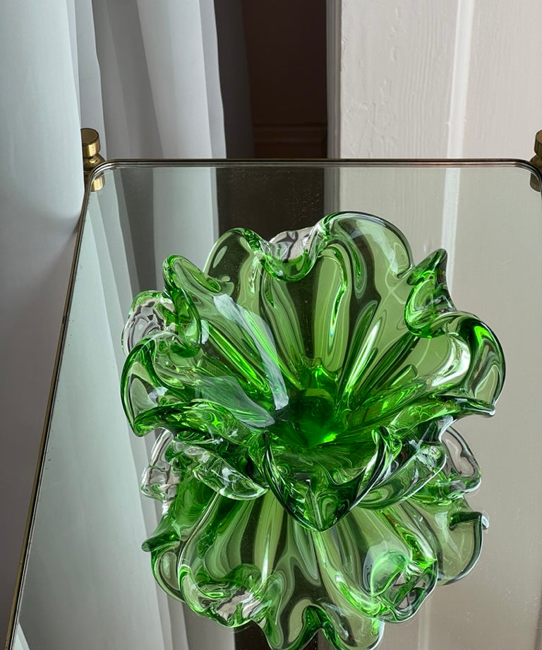 Vintage green Murano bowl with ruffled edges
