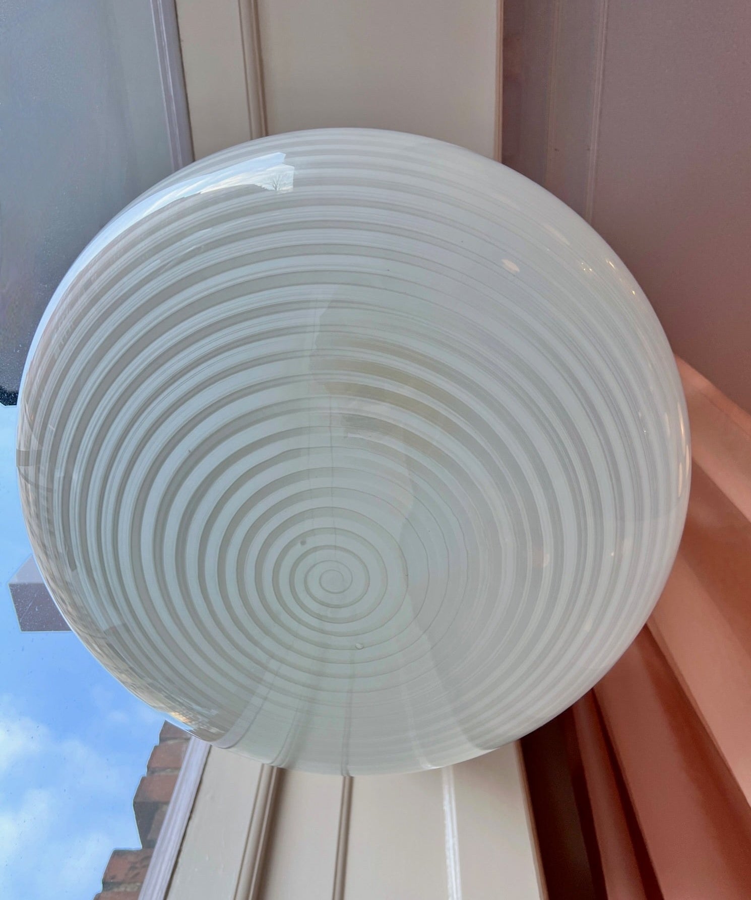 Large vintage oval white / blurred swirl Murano ceiling lamp (D45)