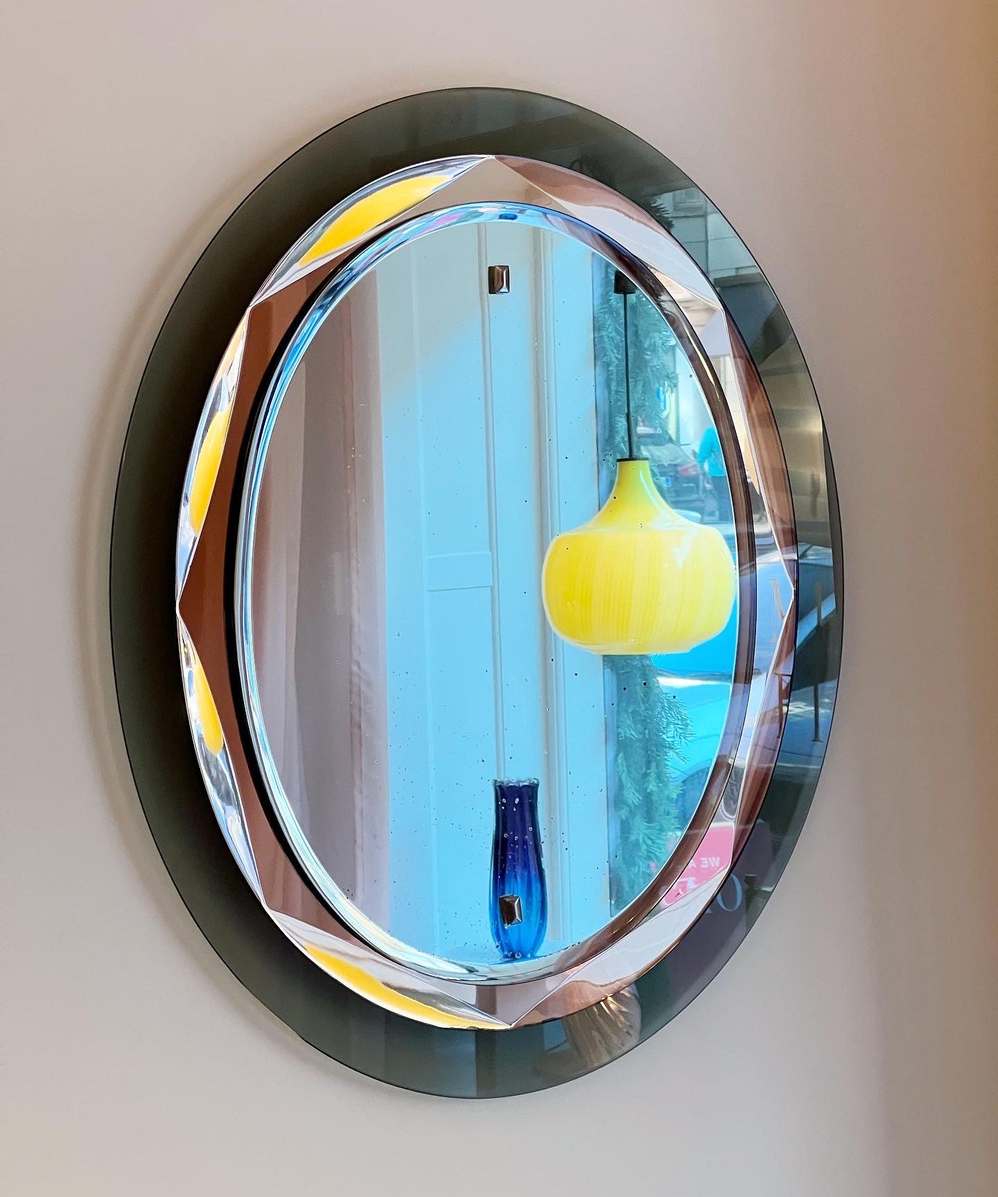 Vintage mirror with rosegold and green glass double frame