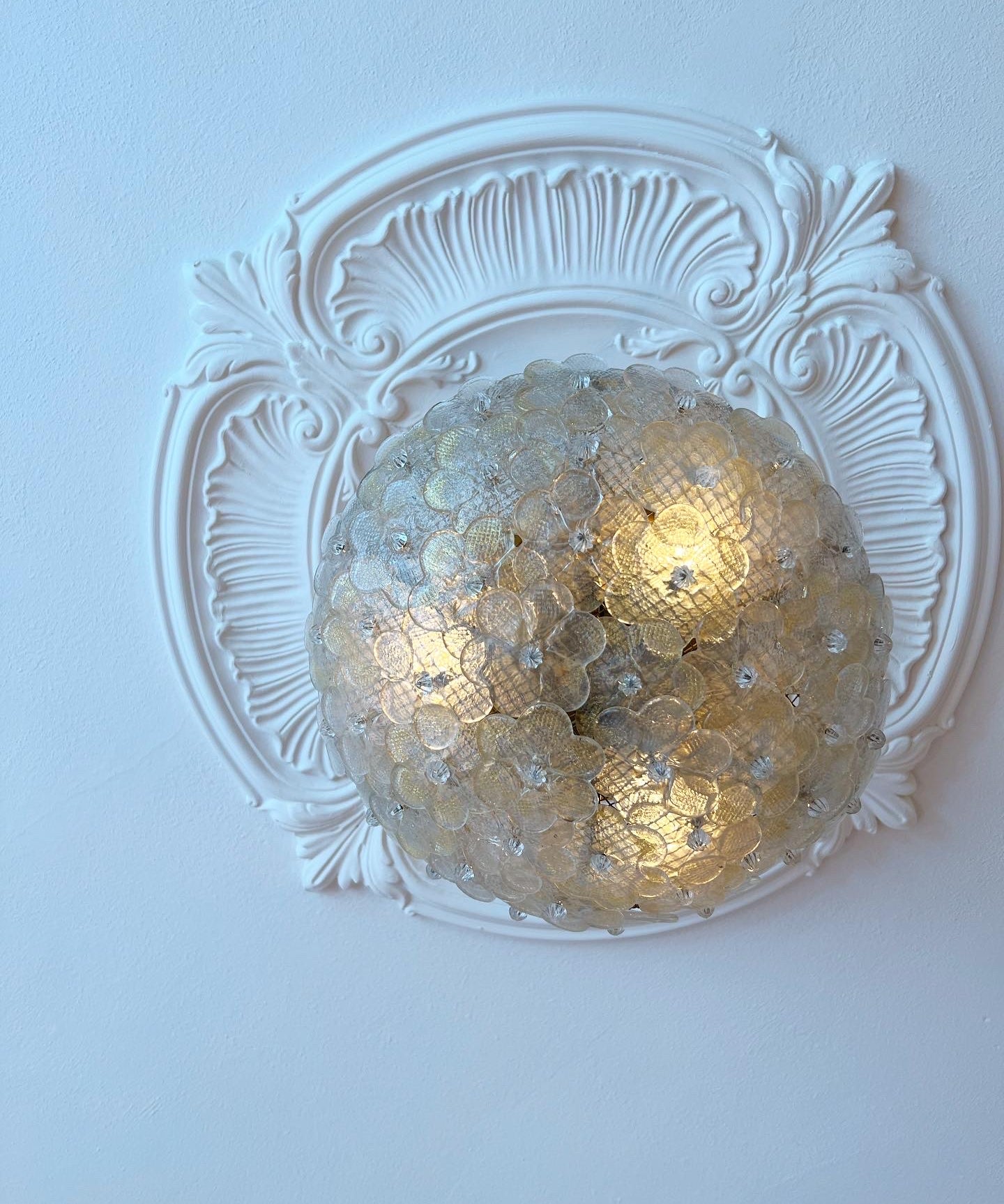 Vintage clear/golden Murano flower ceiling/wall lamp
