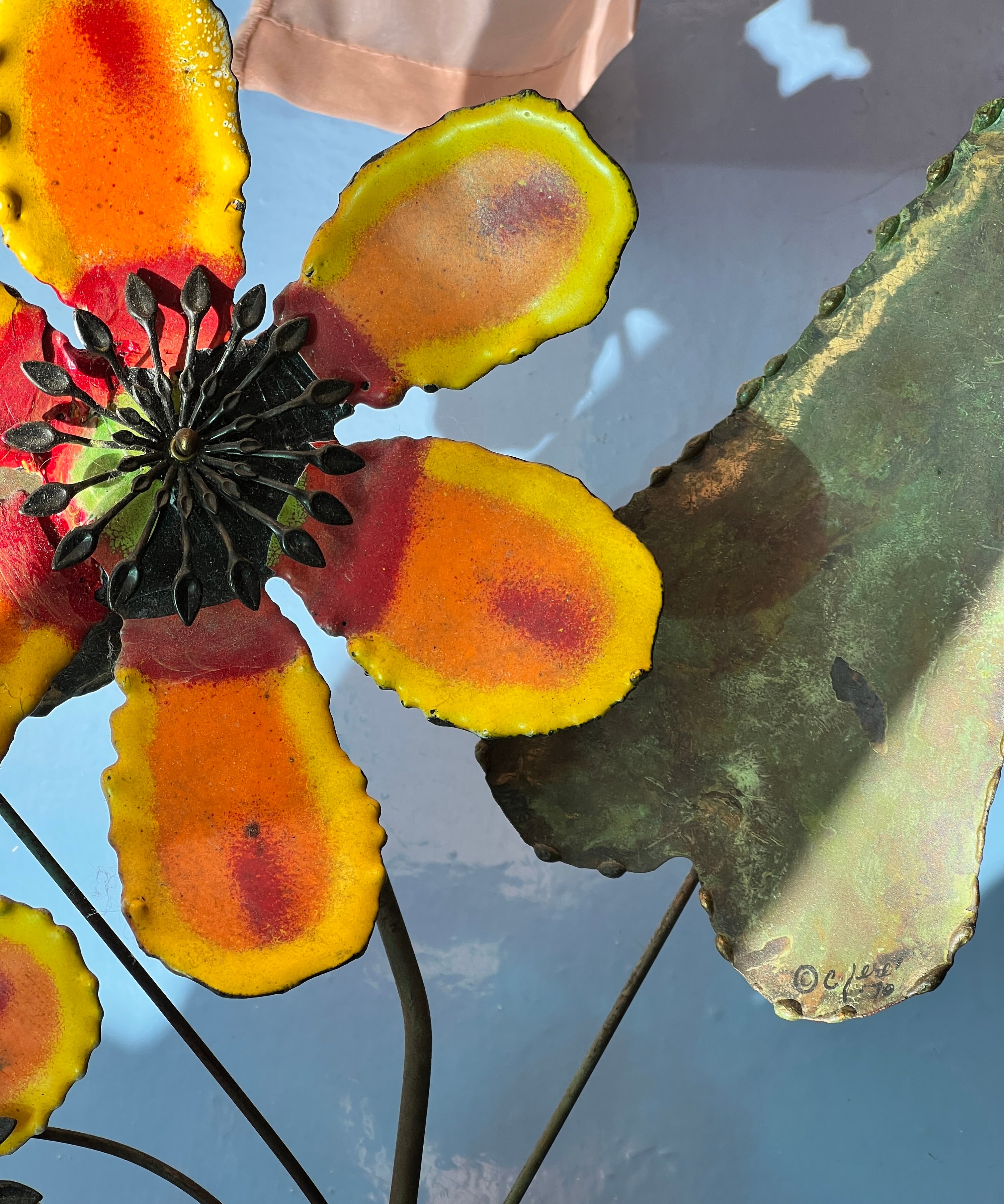 Vintage Curtis Jere orange enamel double flower sculpture