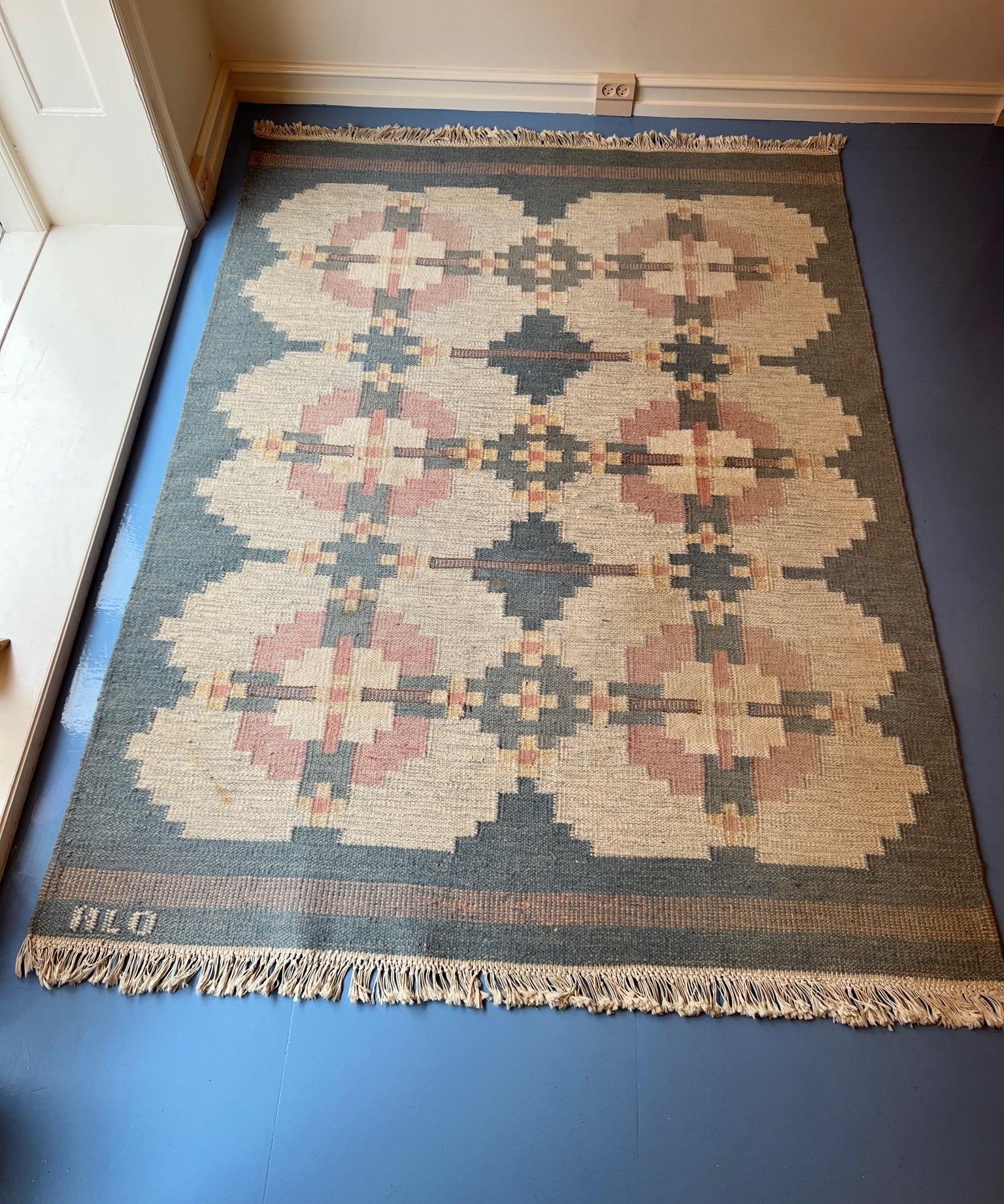 Vintage light blue flat weave rug signed HLO