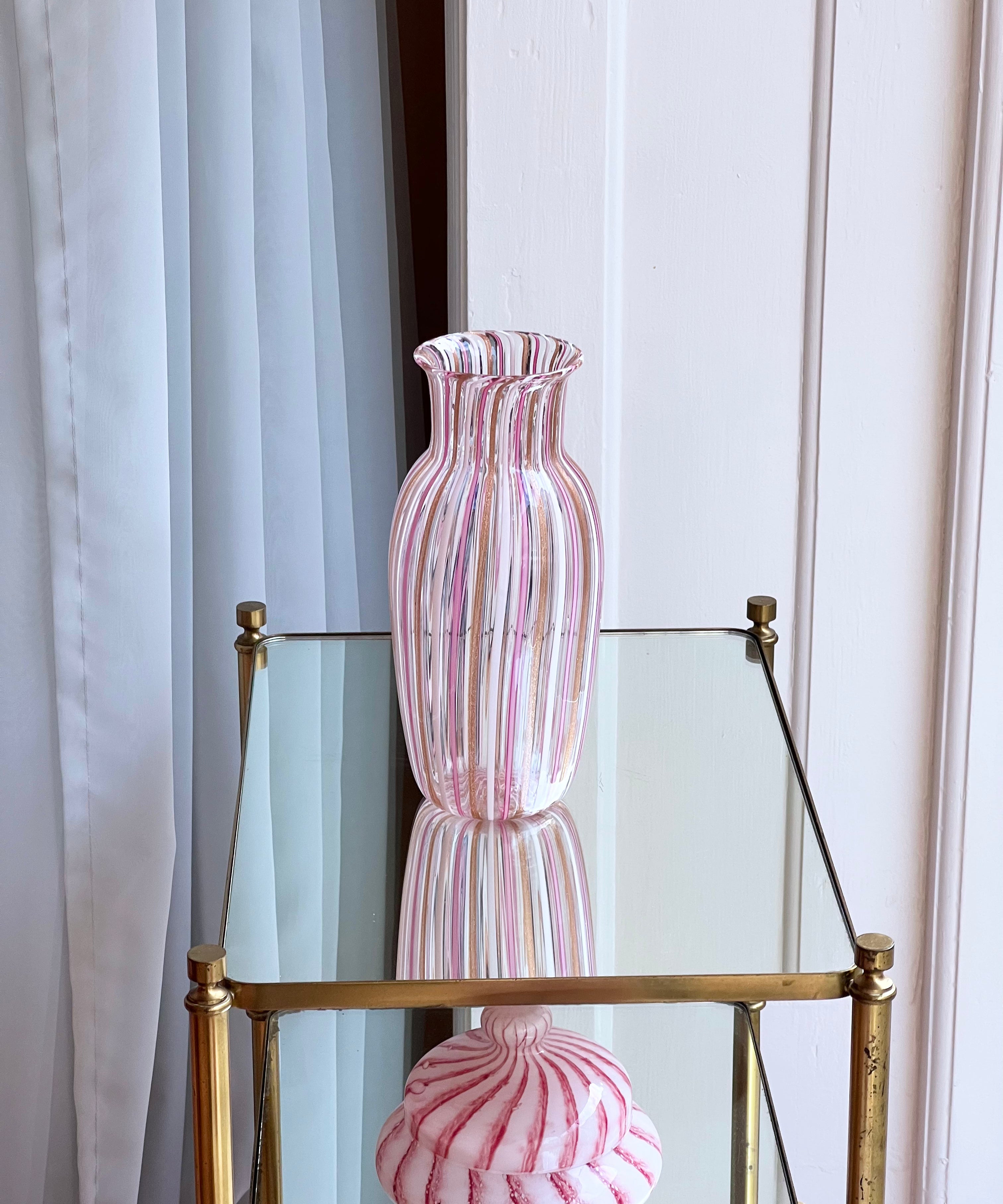 Vintage pink Murano vase with vertical stripes