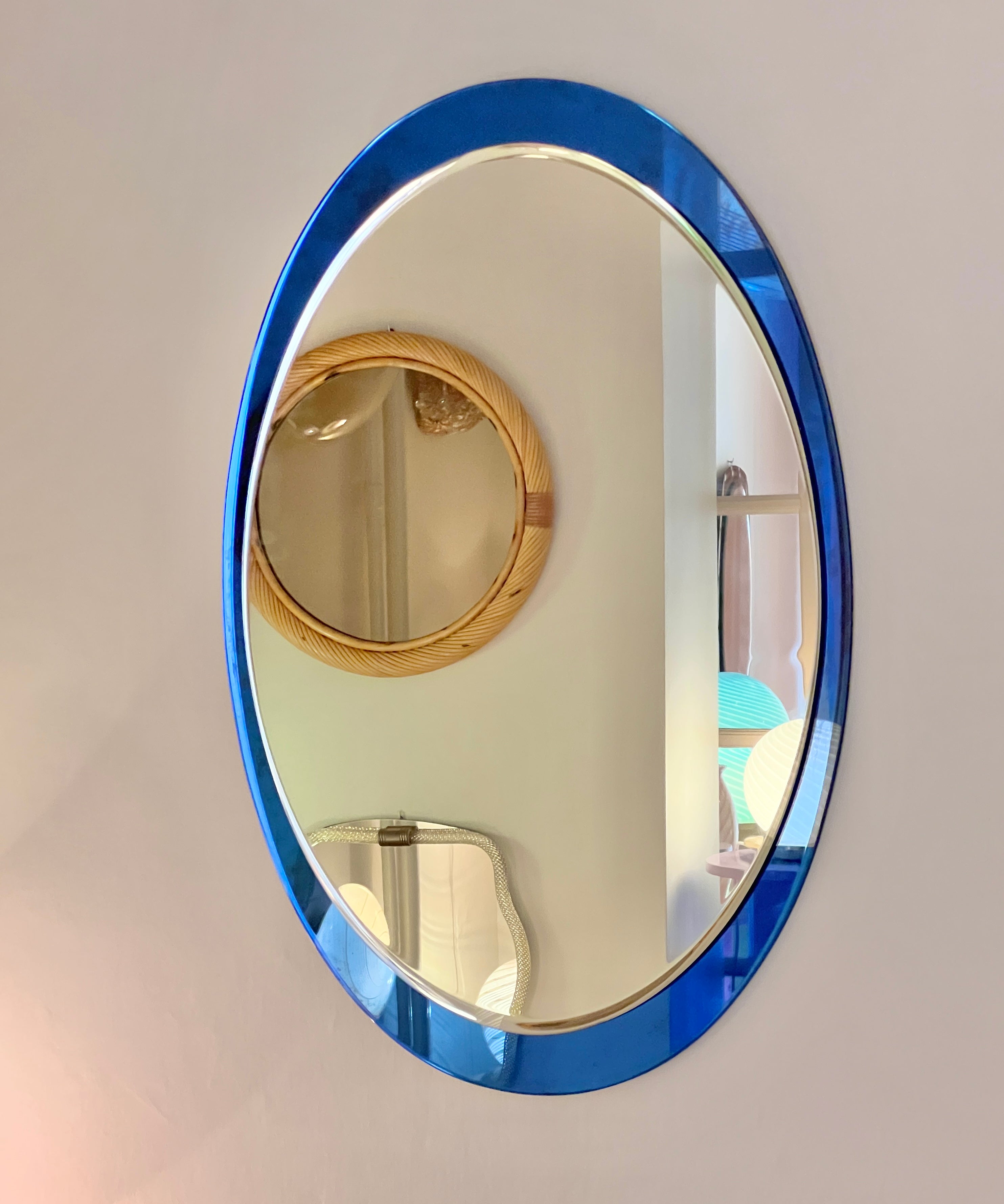 Large vintage Italian mirror with narrow blue mirror frame