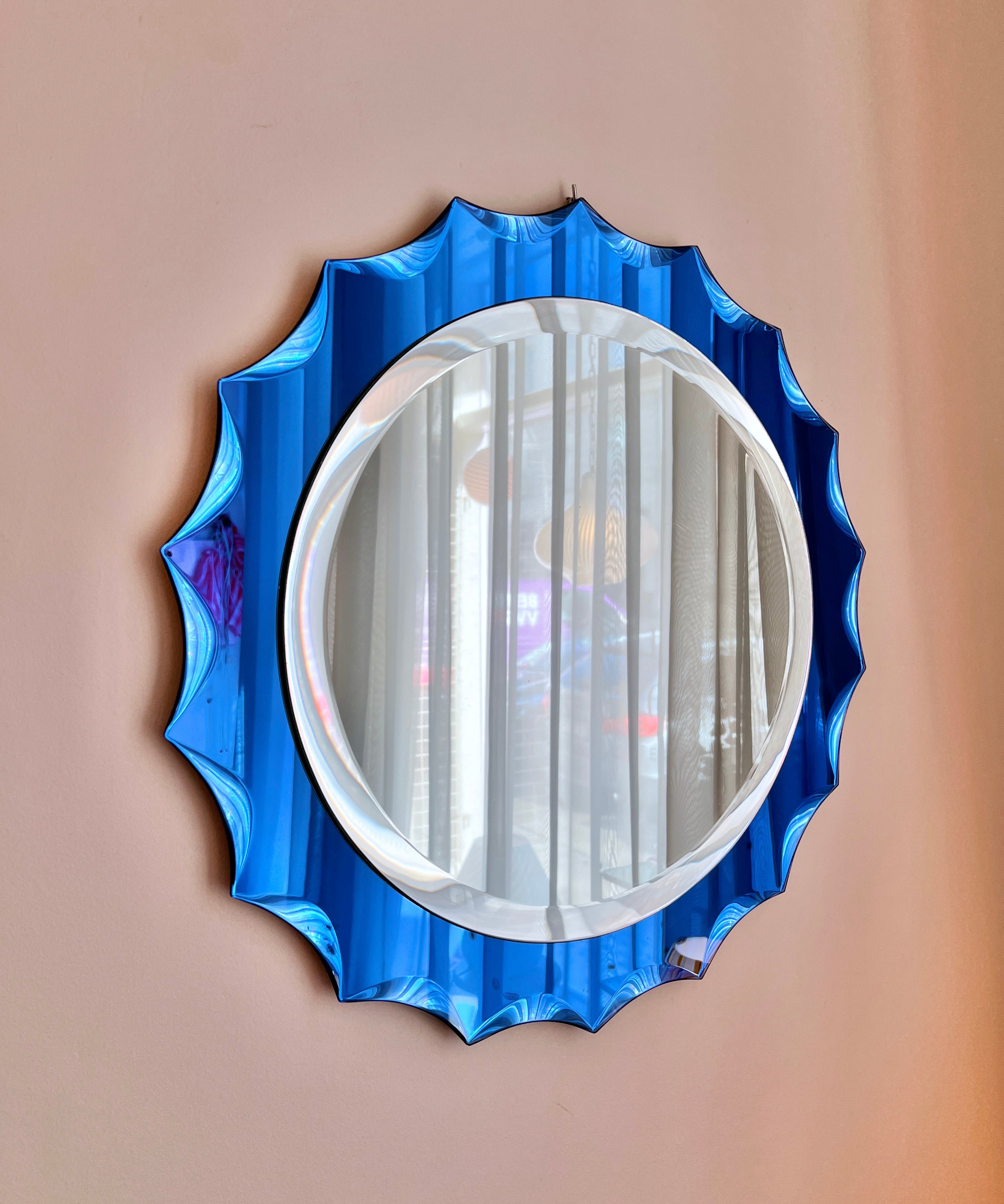 Vintage Italian round mirror with blue mirror frame