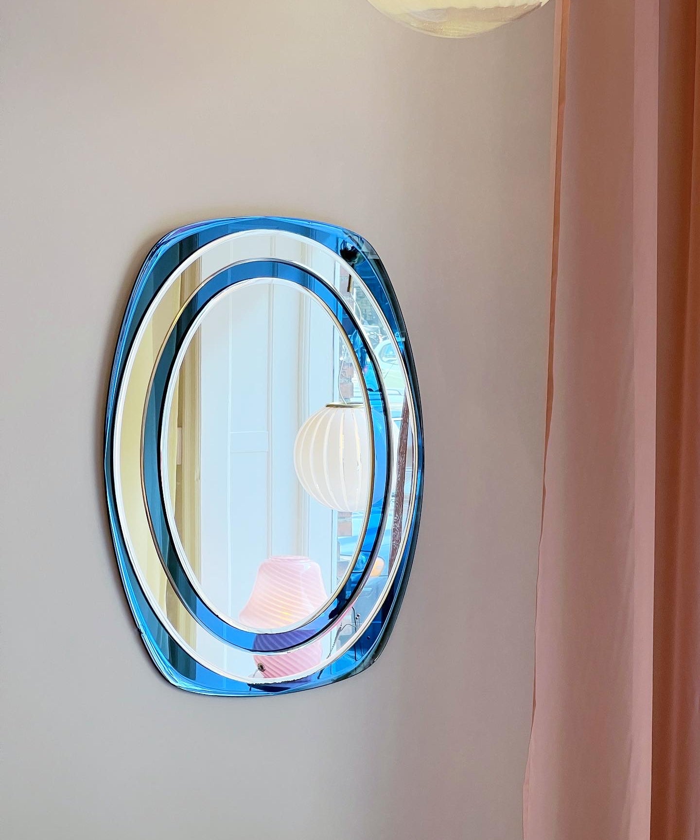 Vintage blue oval double-frame Italian mirror