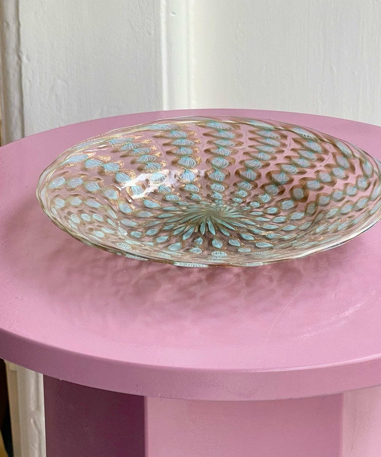 Vintage golden/blue Murano latticino plate/bowl