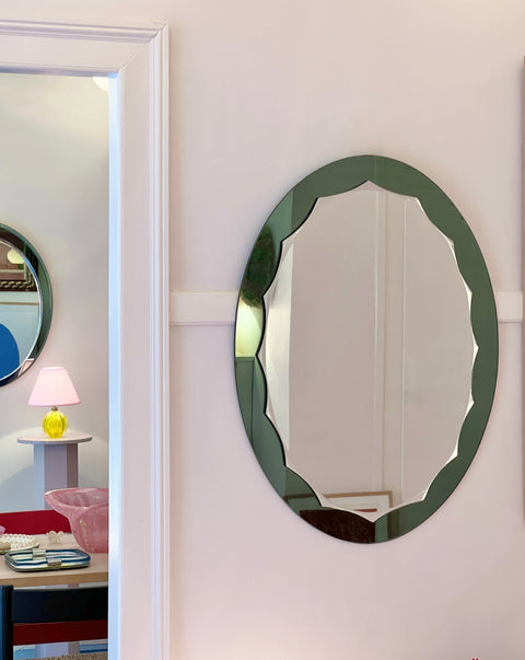 Vintage Italian mirror with oval green scalloped frame