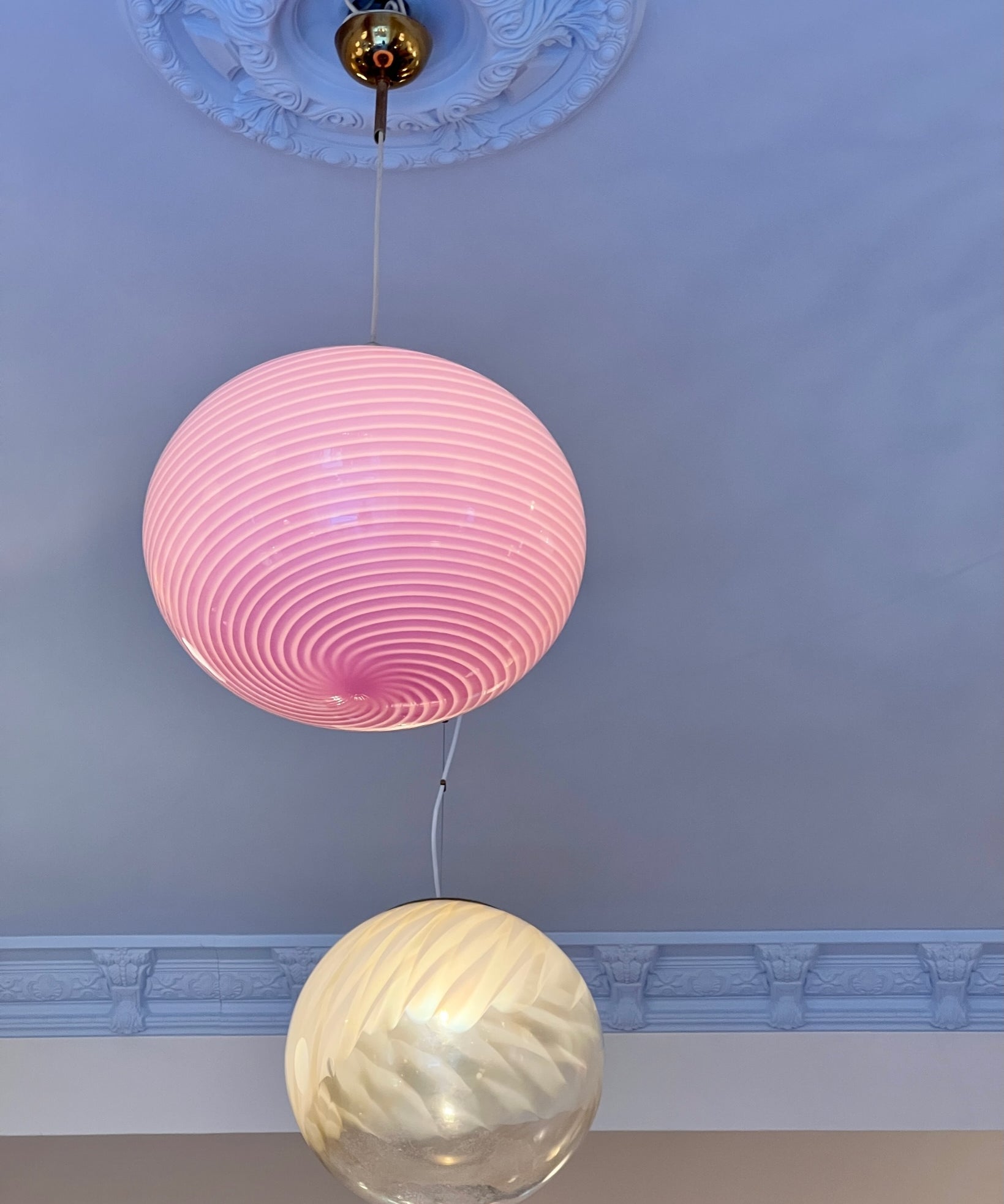 Large vintage oval pink swirl Murano ceiling lamp (D45)