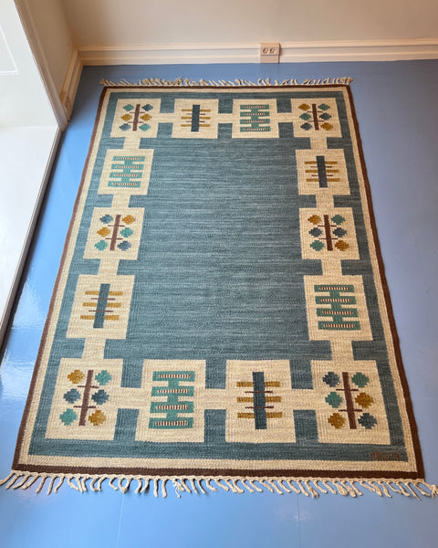 Vintage blue flat weave rug by Anna-Greta Sjöqvist (AGS)