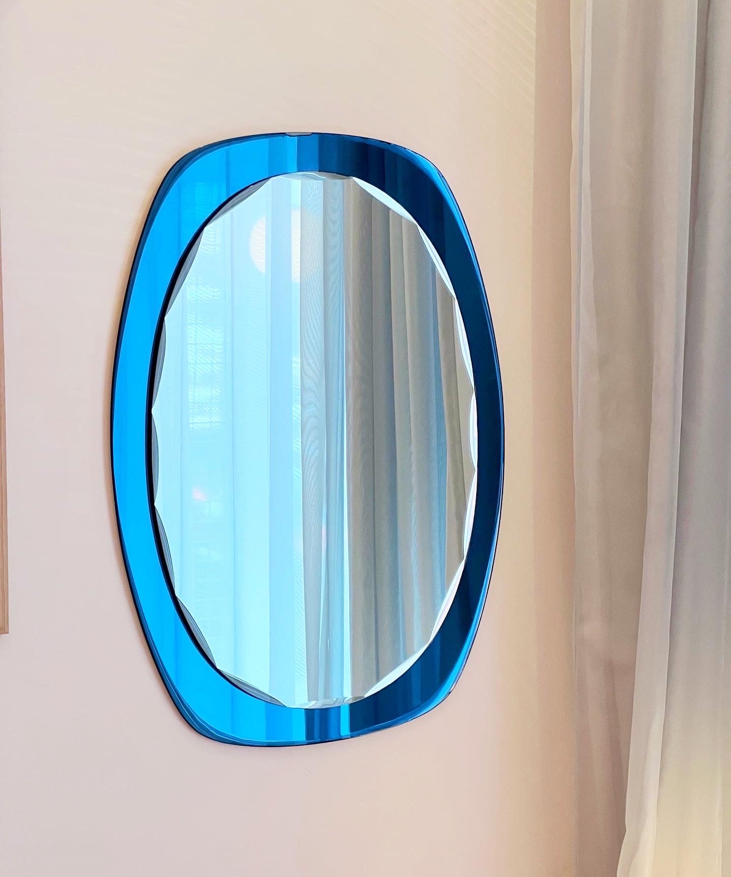 Vintage Italian mirror with blue faceted mirror frame