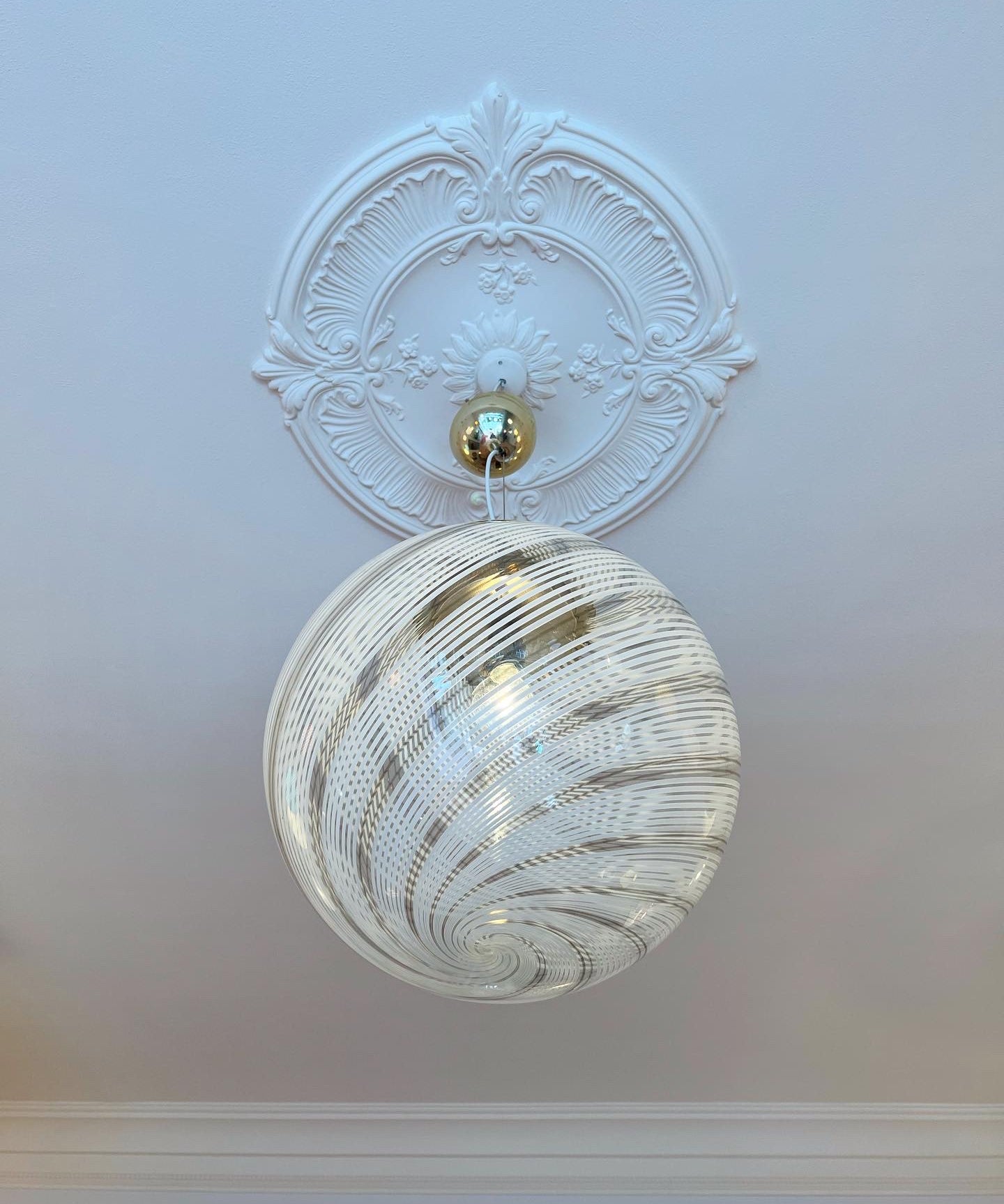 Vintage white/grey/clear Murano swirl ceiling lamp (D40)