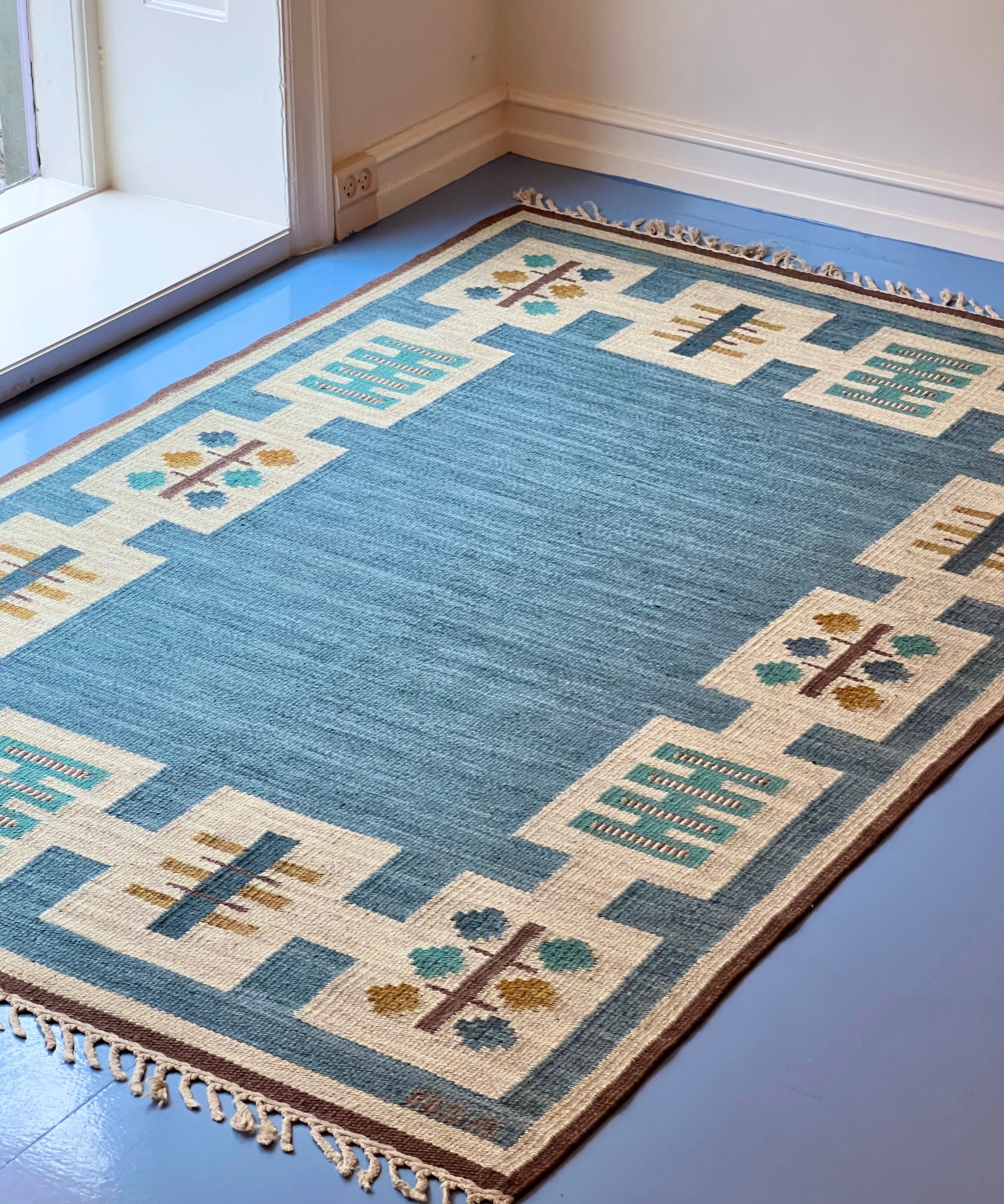 Vintage blue flat weave rug by Anna-Greta Sjöqvist (AGS)