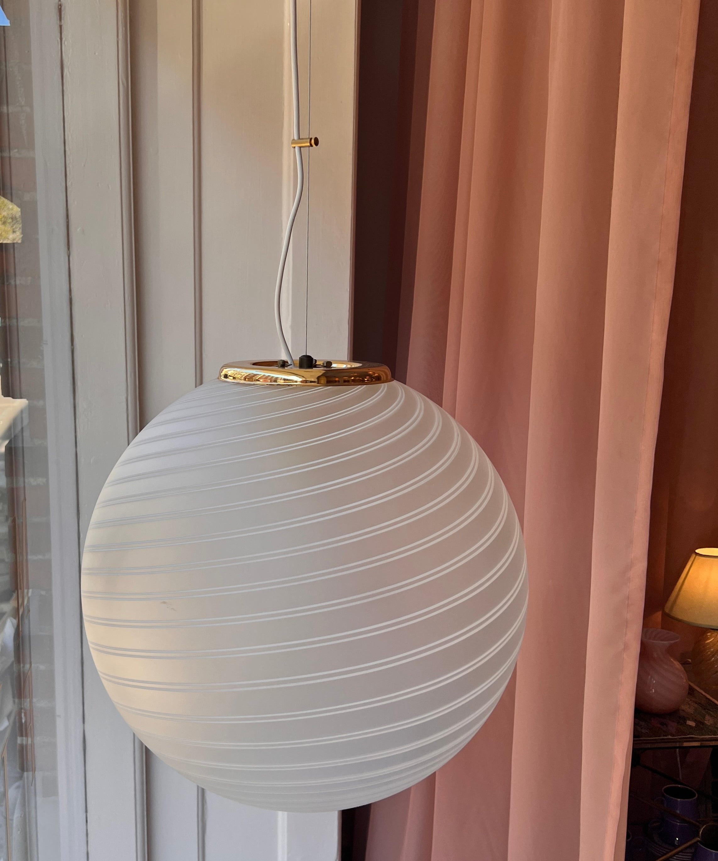 Large vintage round white / blurred swirl Murano ceiling lamp (D50)
