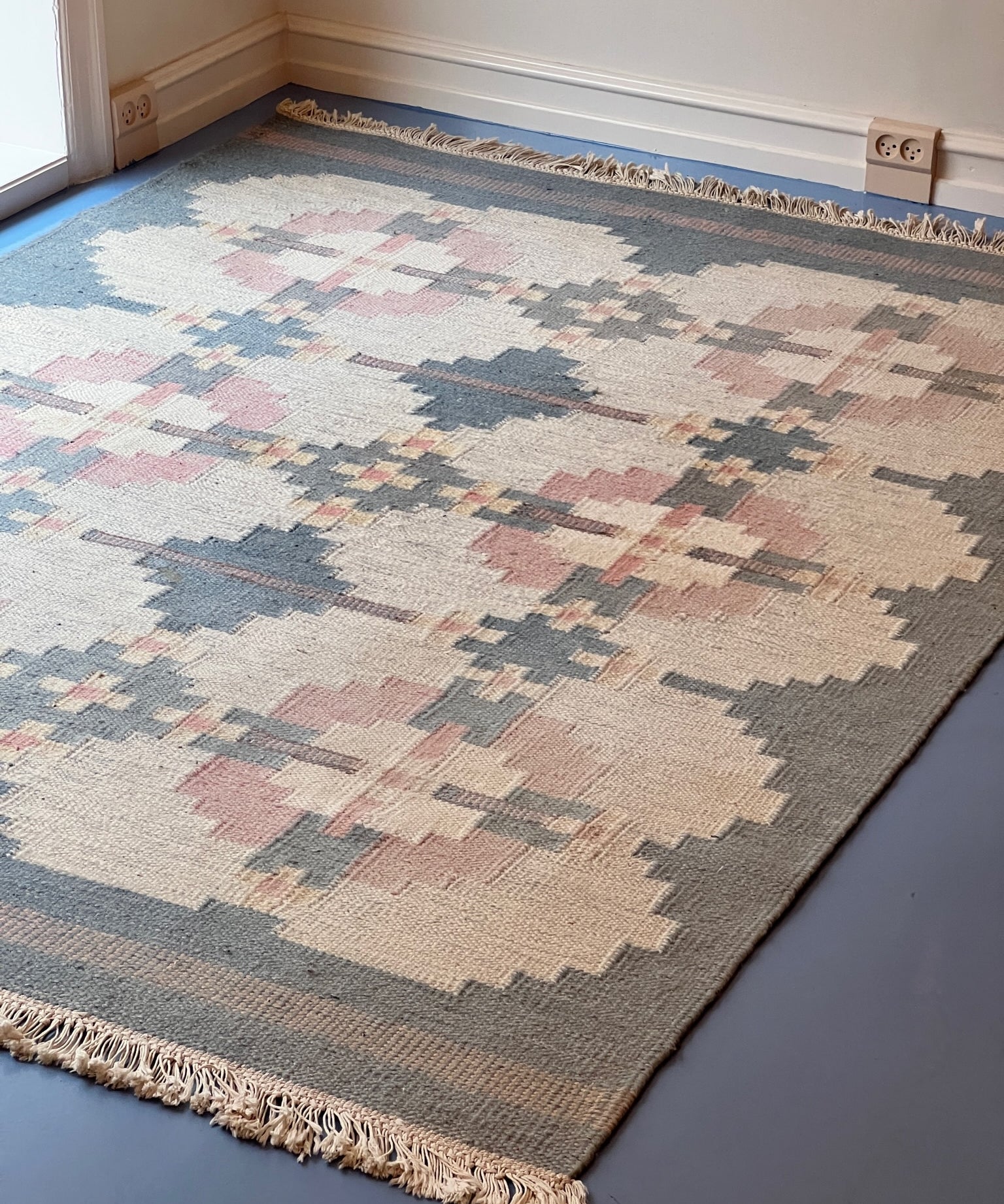 Vintage light blue flat weave rug signed HLO