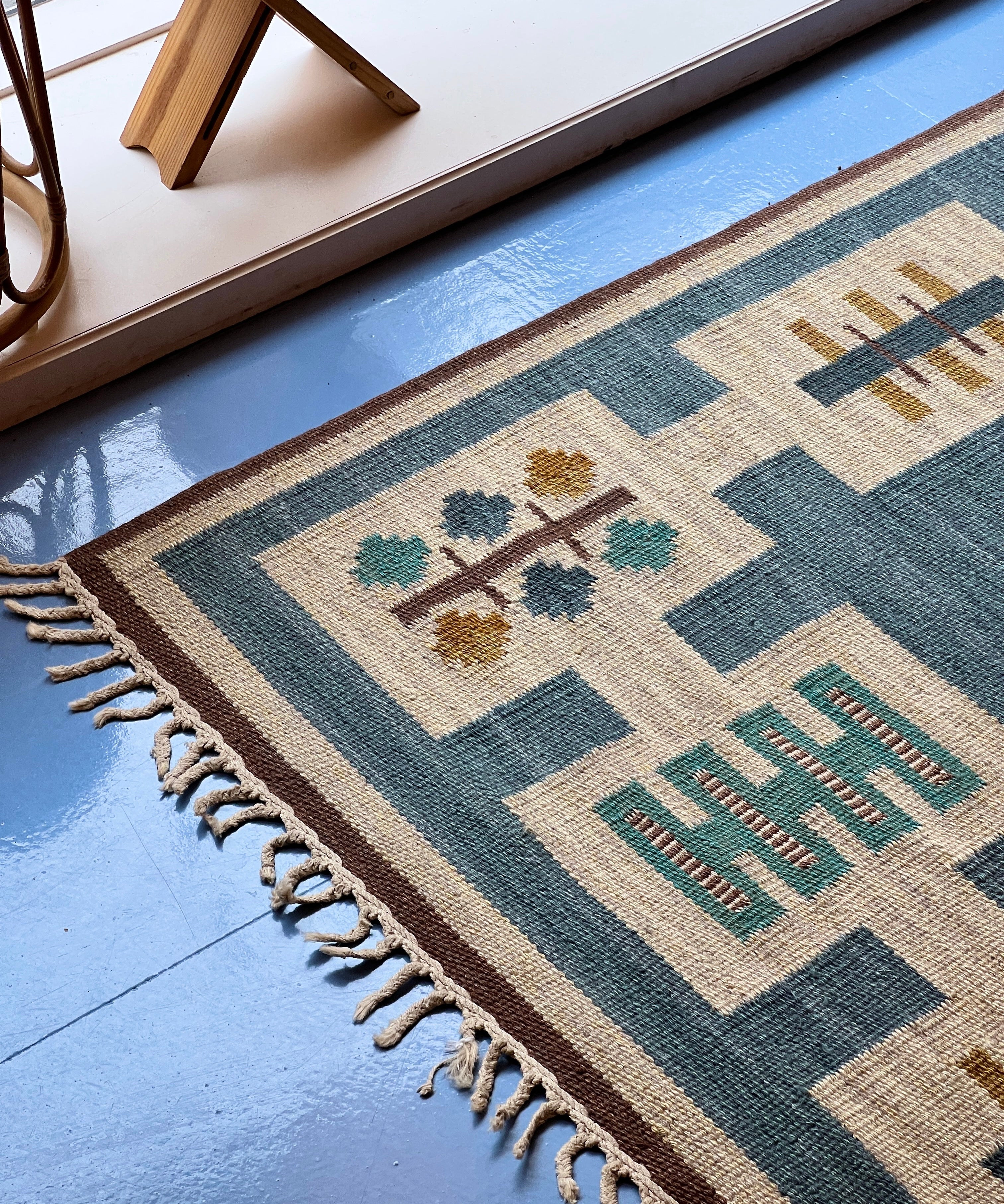 Vintage blue flat weave rug by Anna-Greta Sjöqvist (AGS)