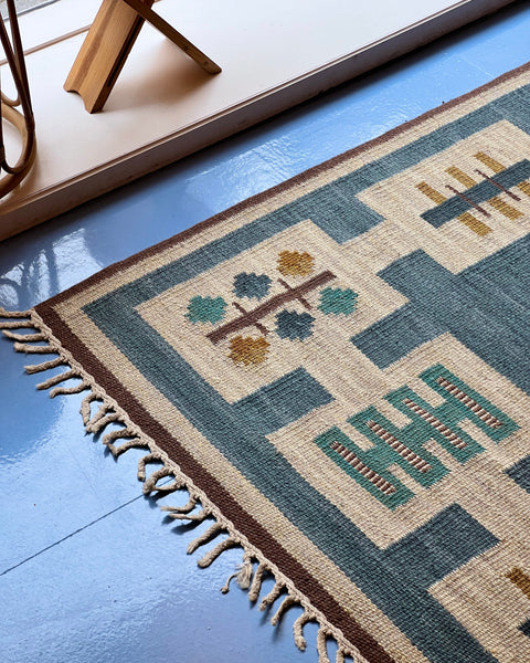 Vintage blue flat weave rug by Anna-Greta Sjöqvist (AGS)