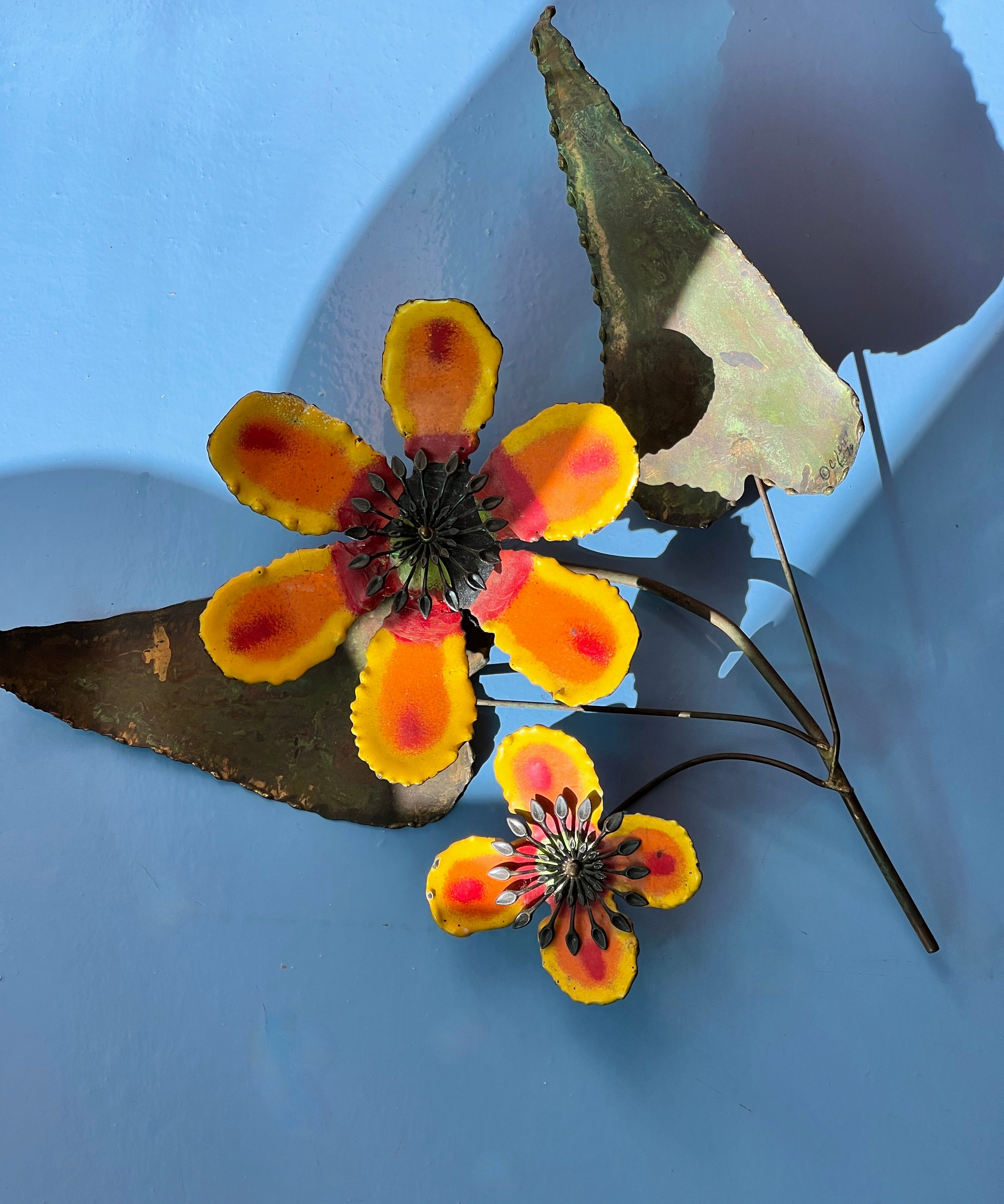 Vintage Curtis Jere orange enamel double flower sculpture