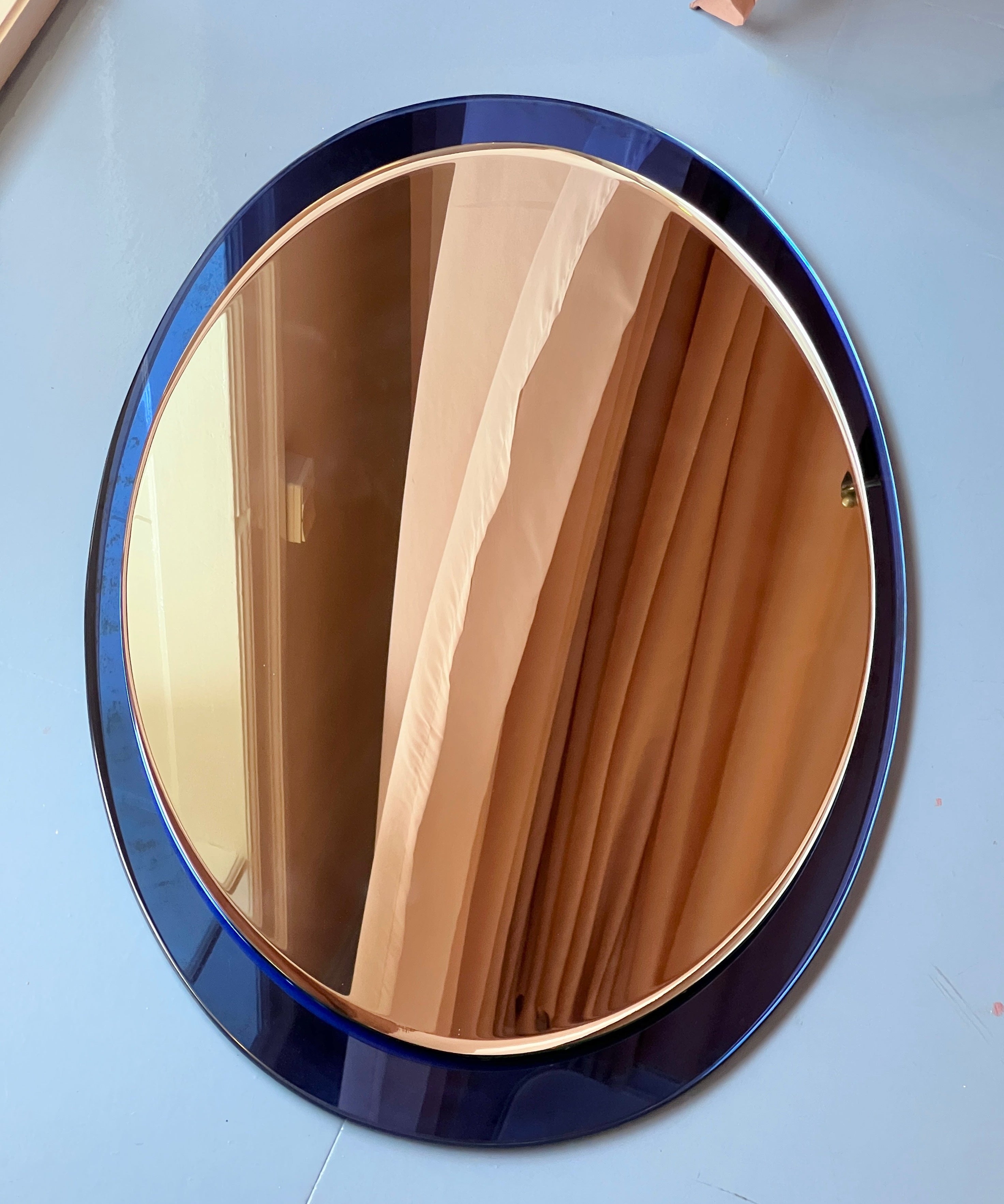 Large vintage Italian mirror with narrow blue mirror frame