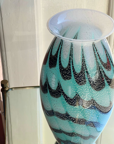 Vintage turquoise/black/silver Murano vase
