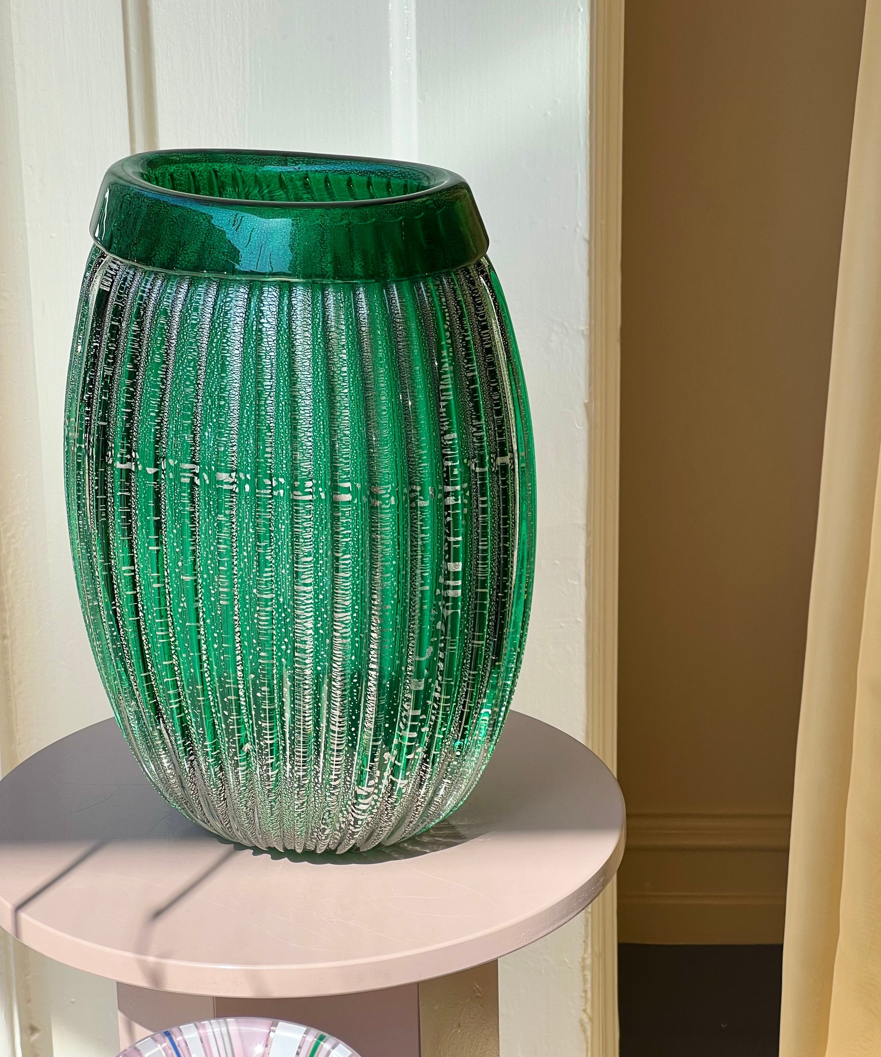 Vintage large green/silver Murano vase