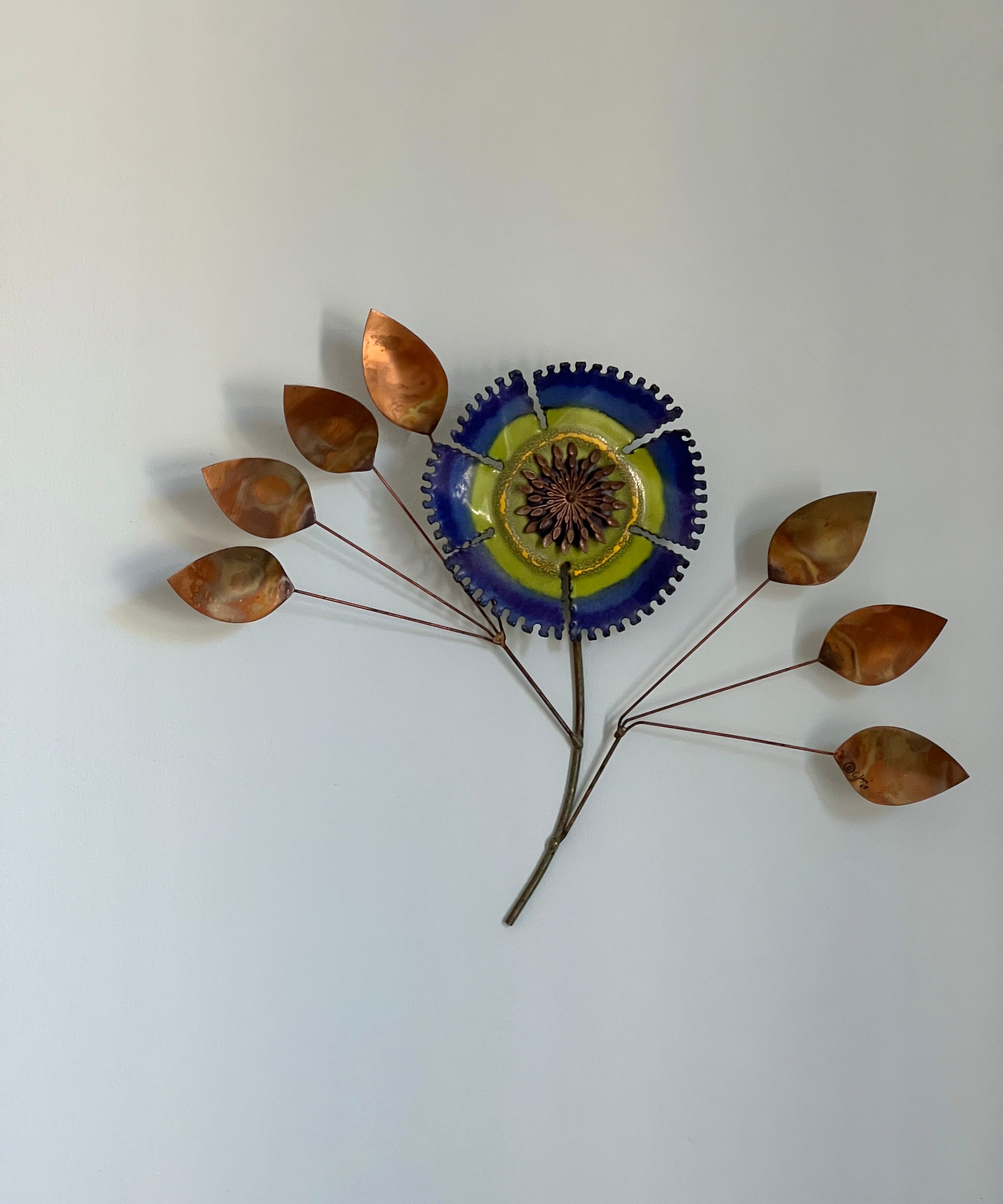 Vintage Curtis Jere blue enamel wall flower sculpture
