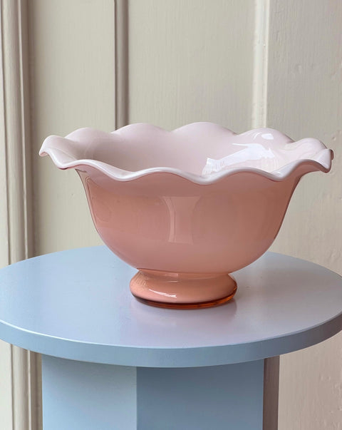 Vintage pink/peach Murano tall bowl with ruffled edges