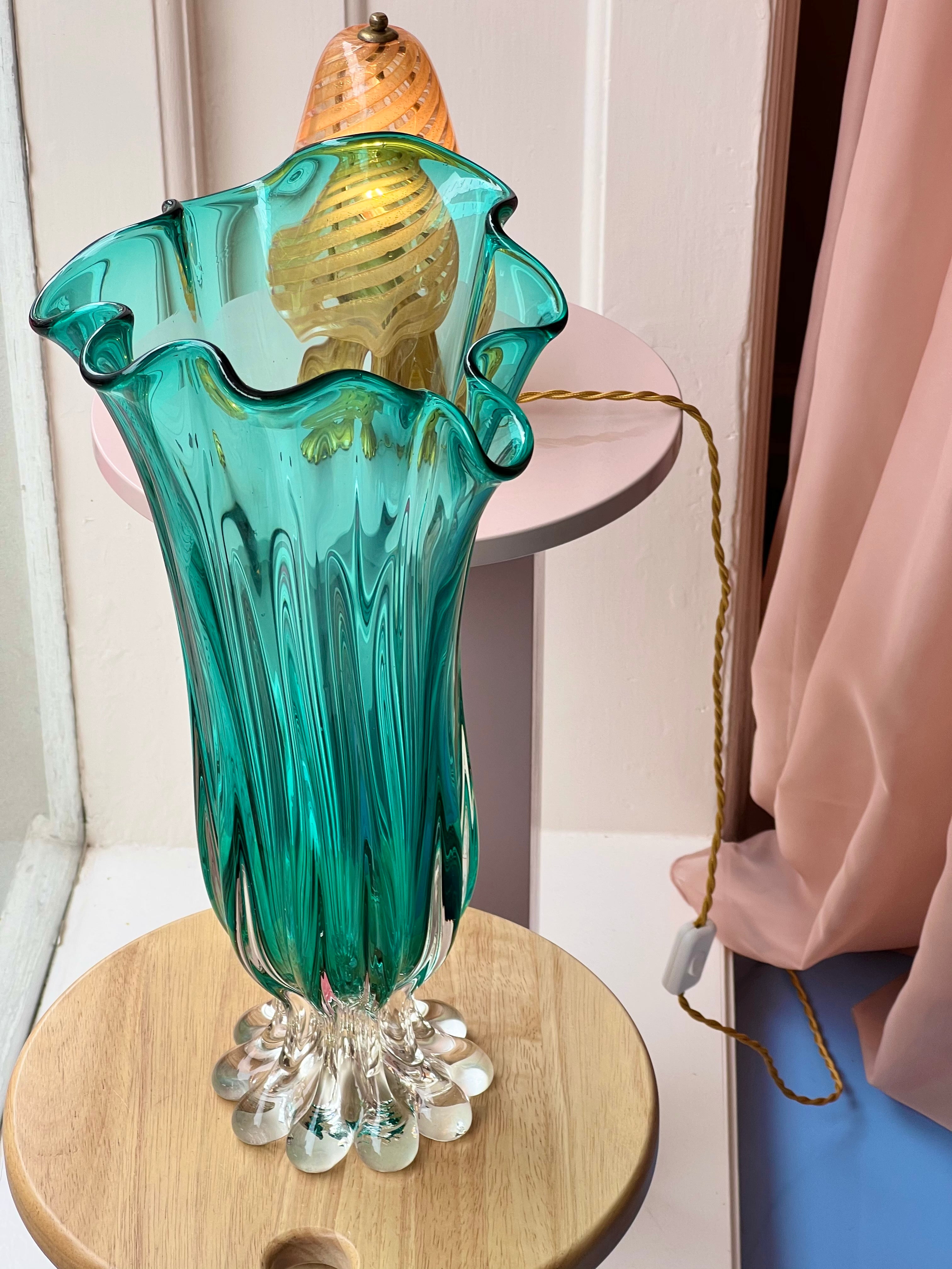 Murano Glass Ruffled Ball Vase Aqua Blue store Silver Flecked Floral Millefiori