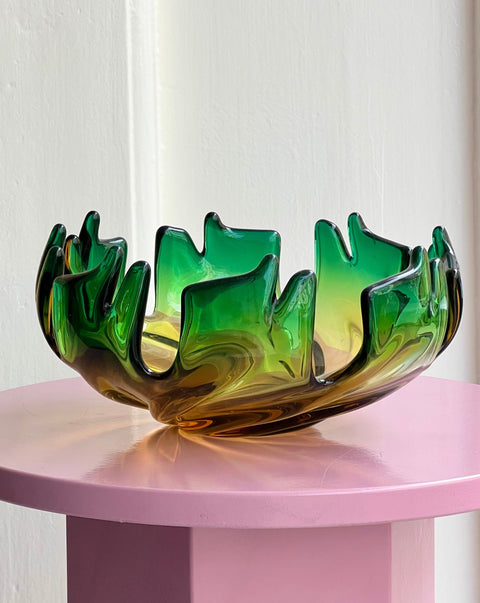 Vintage green/amber Murano bowl with ruffled edges