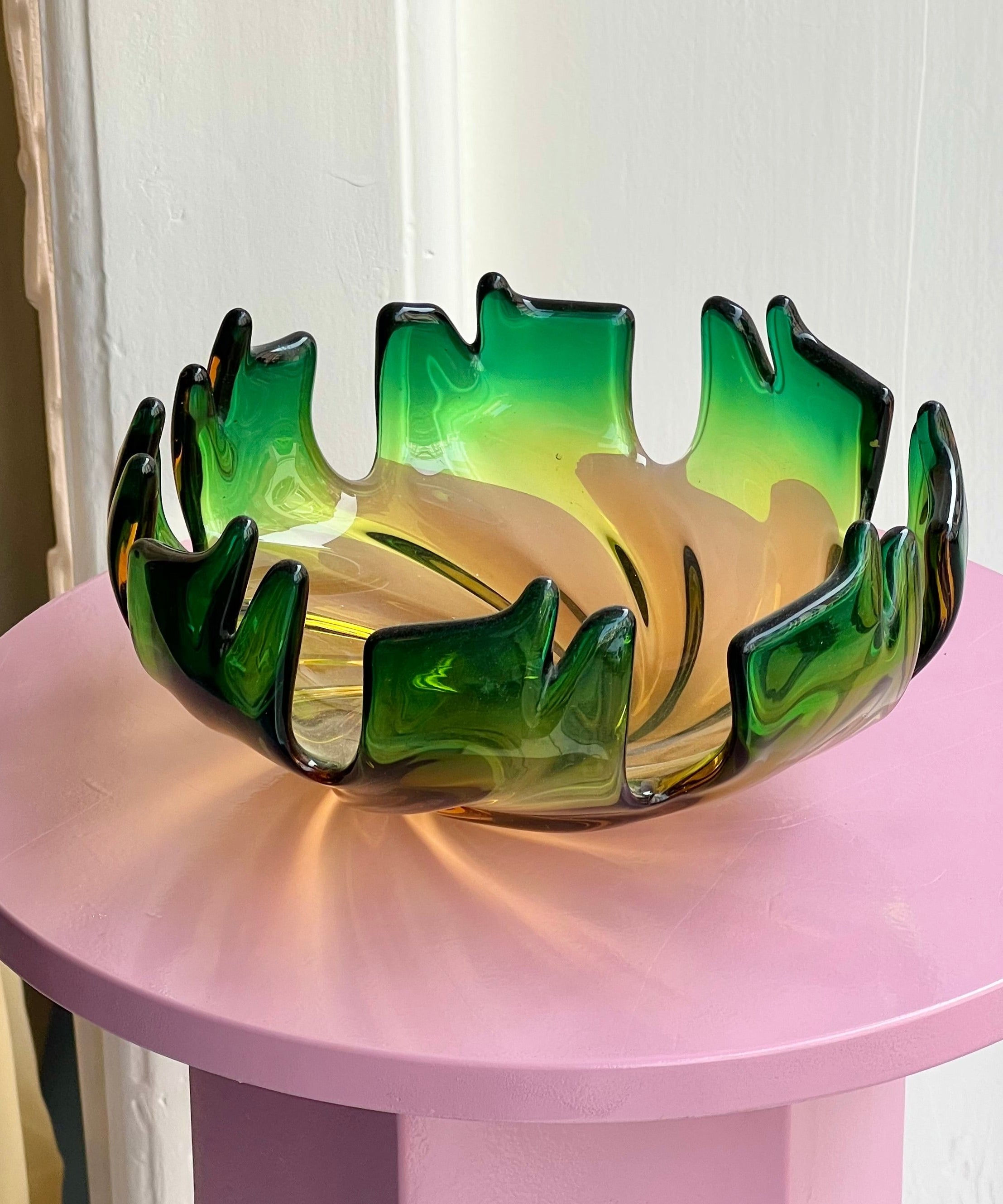 Vintage green/amber Murano bowl with ruffled edges