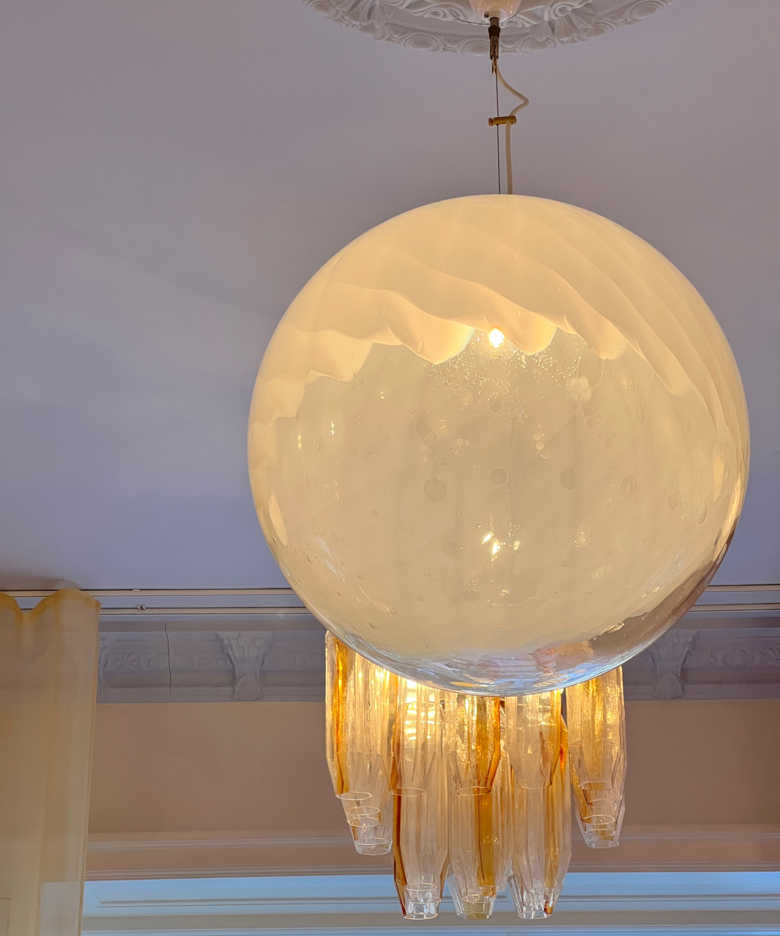 Vintage white/clear Murano ceiling lamp (D50)
