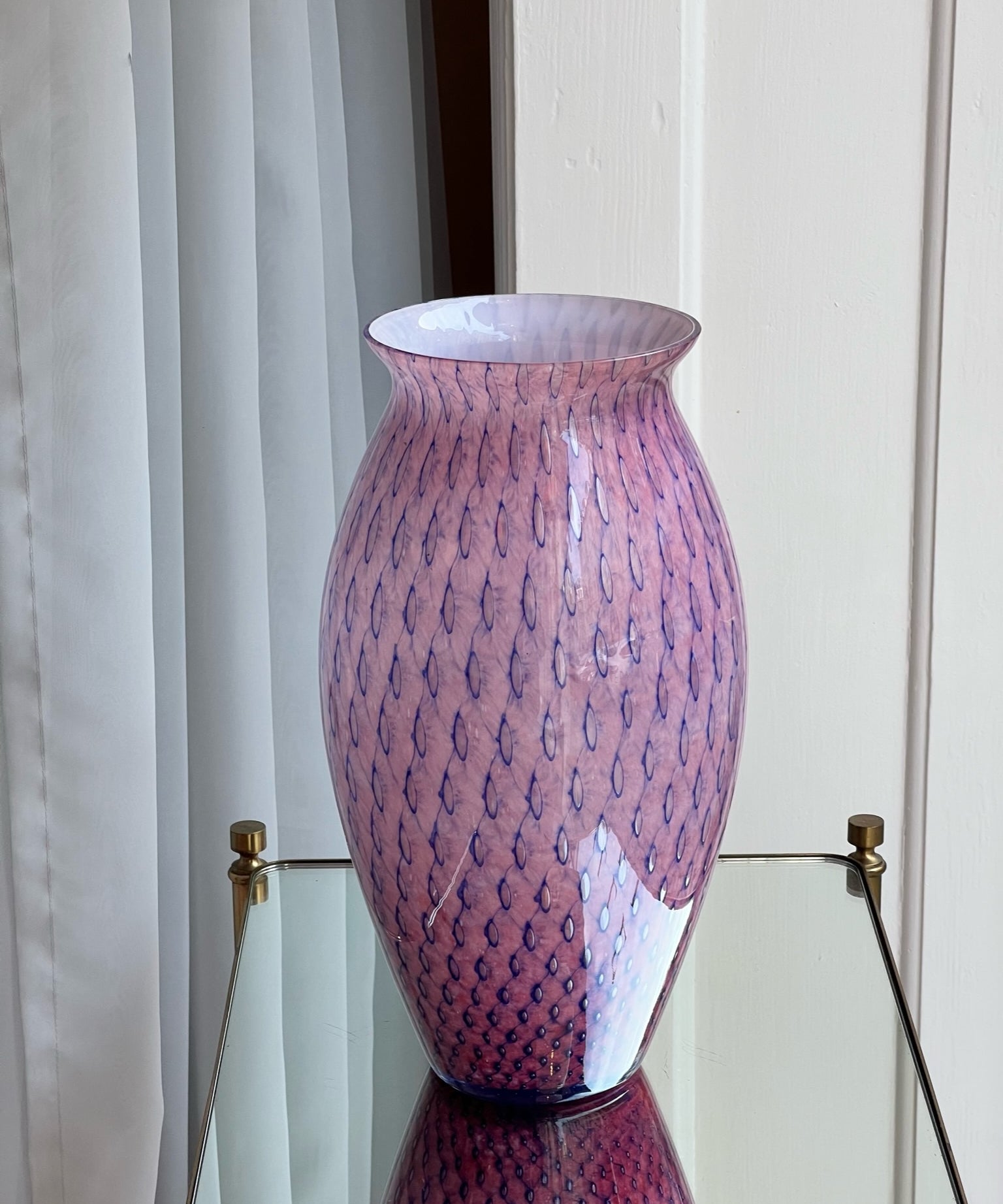 Large vintage purple Murano vase with blue dots