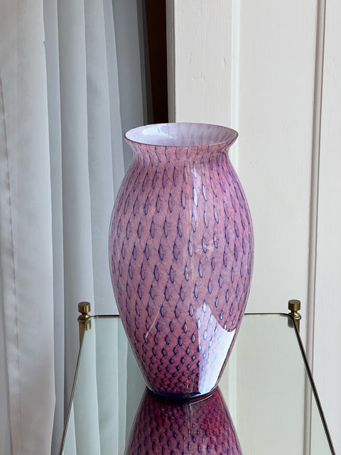 Large vintage purple Murano vase with blue dots