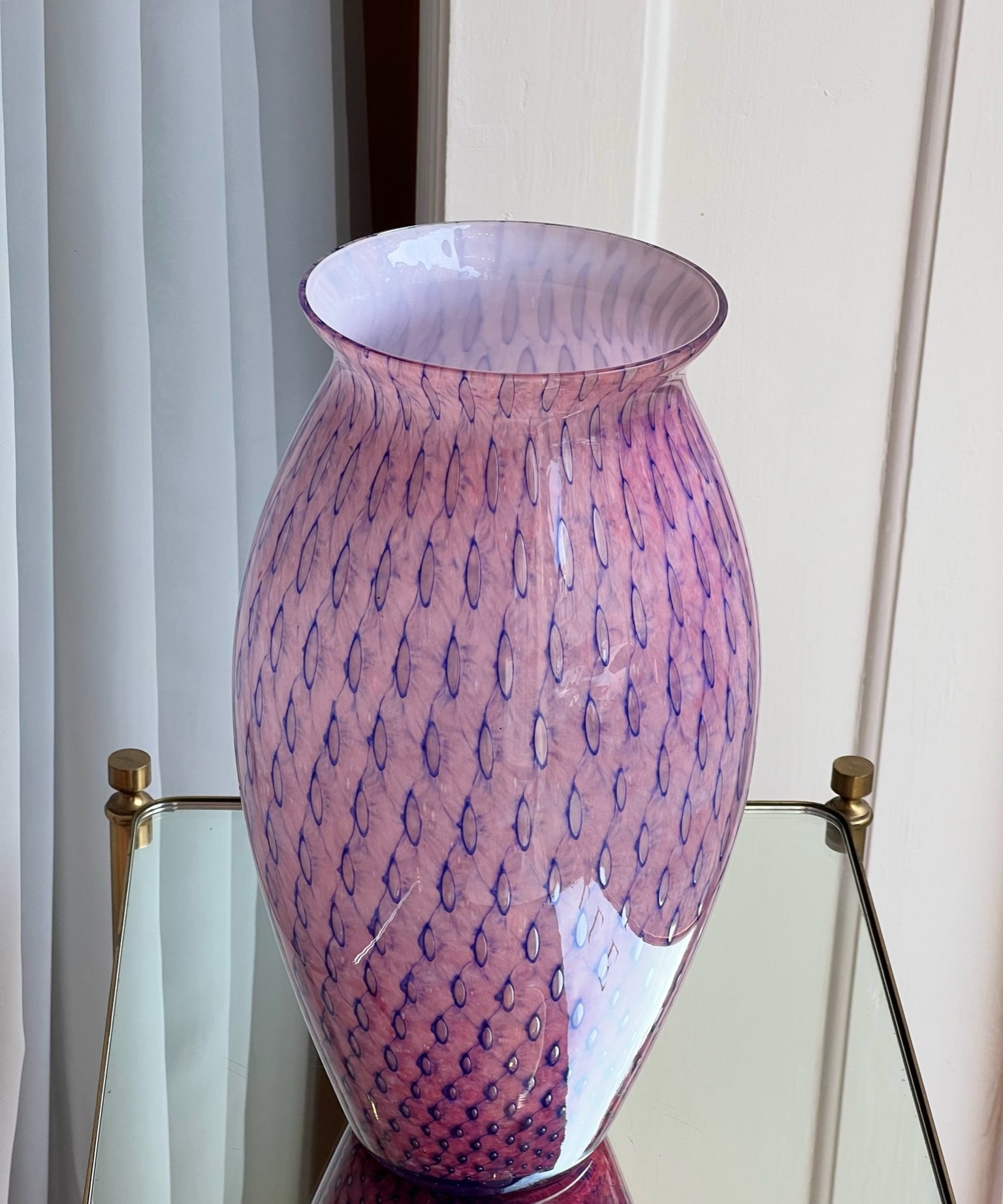 Large vintage purple Murano vase with blue dots