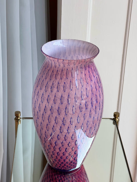 Large vintage purple Murano vase with blue dots