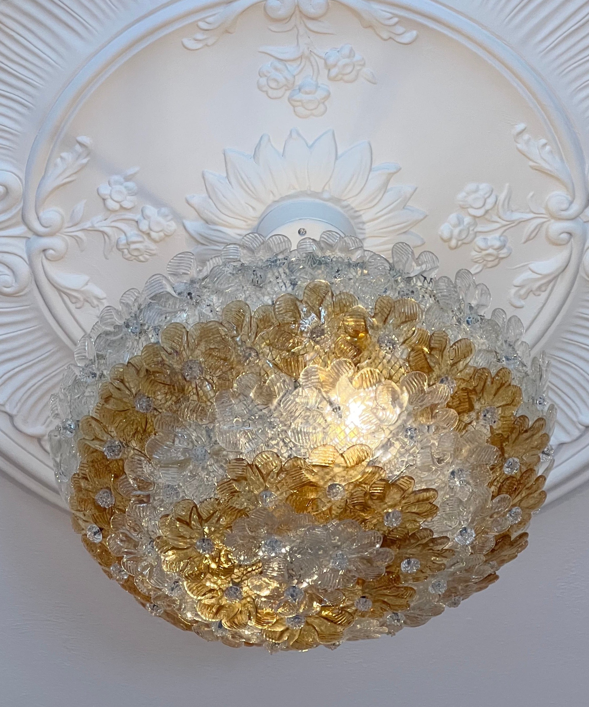 Vintage amber/clear Murano flower ceiling/wall lamp