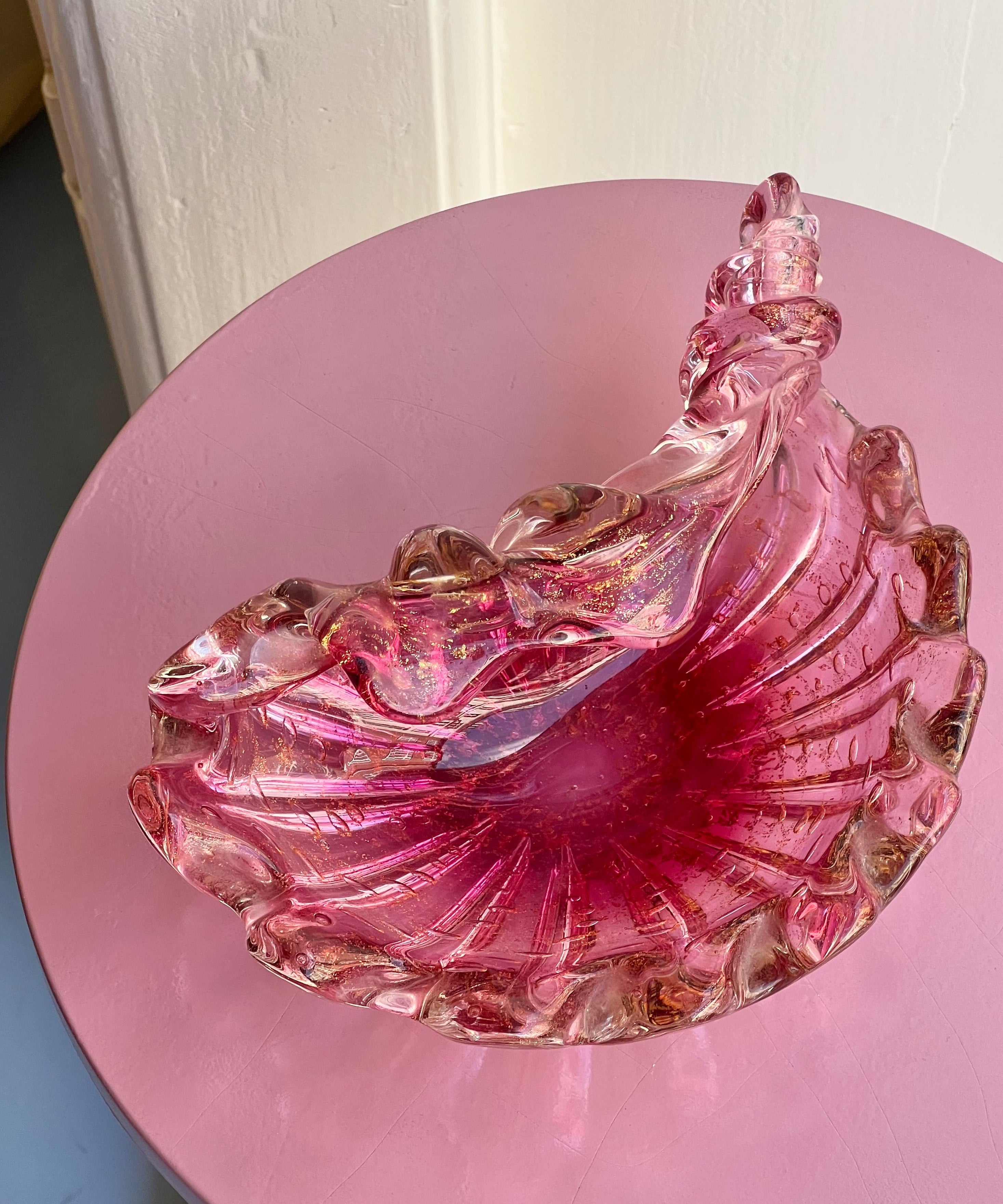 Vintage pink/clear/golden Murano shell bowl