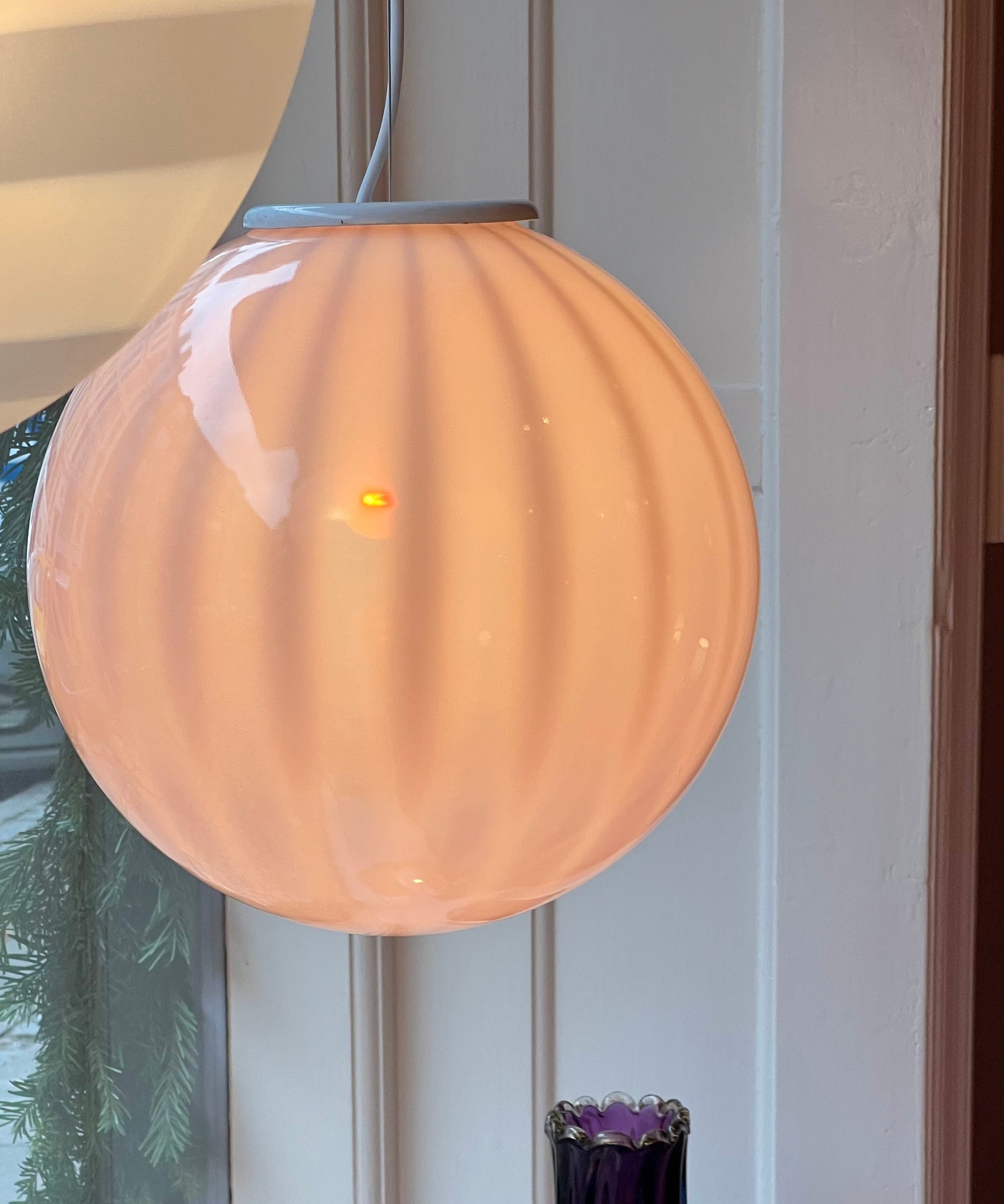 Vintage light pink/clear vertical striped Murano ceiling lamp (D35)
