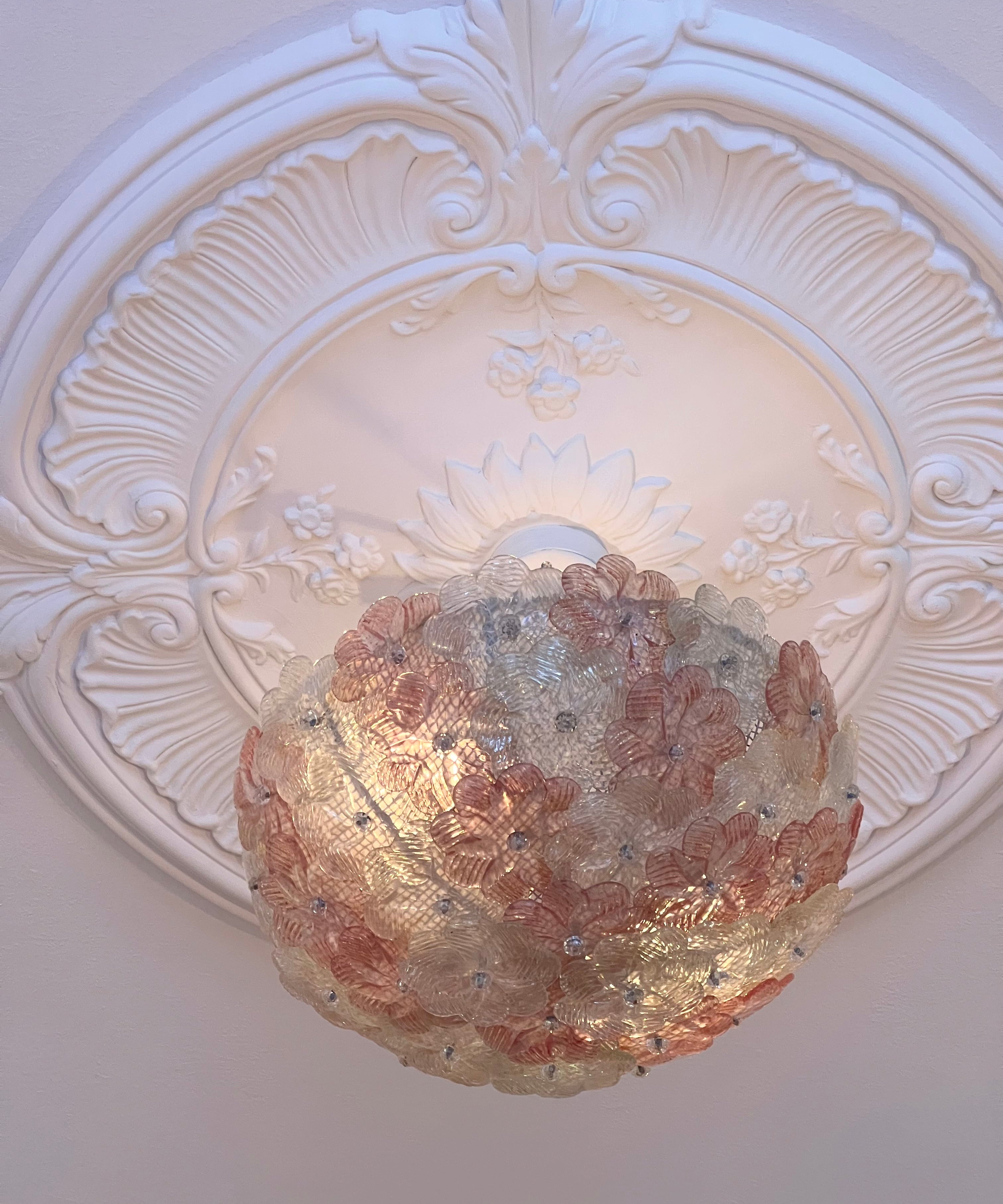 Vintage pink/white Murano flower ceiling/wall lamp (D34)