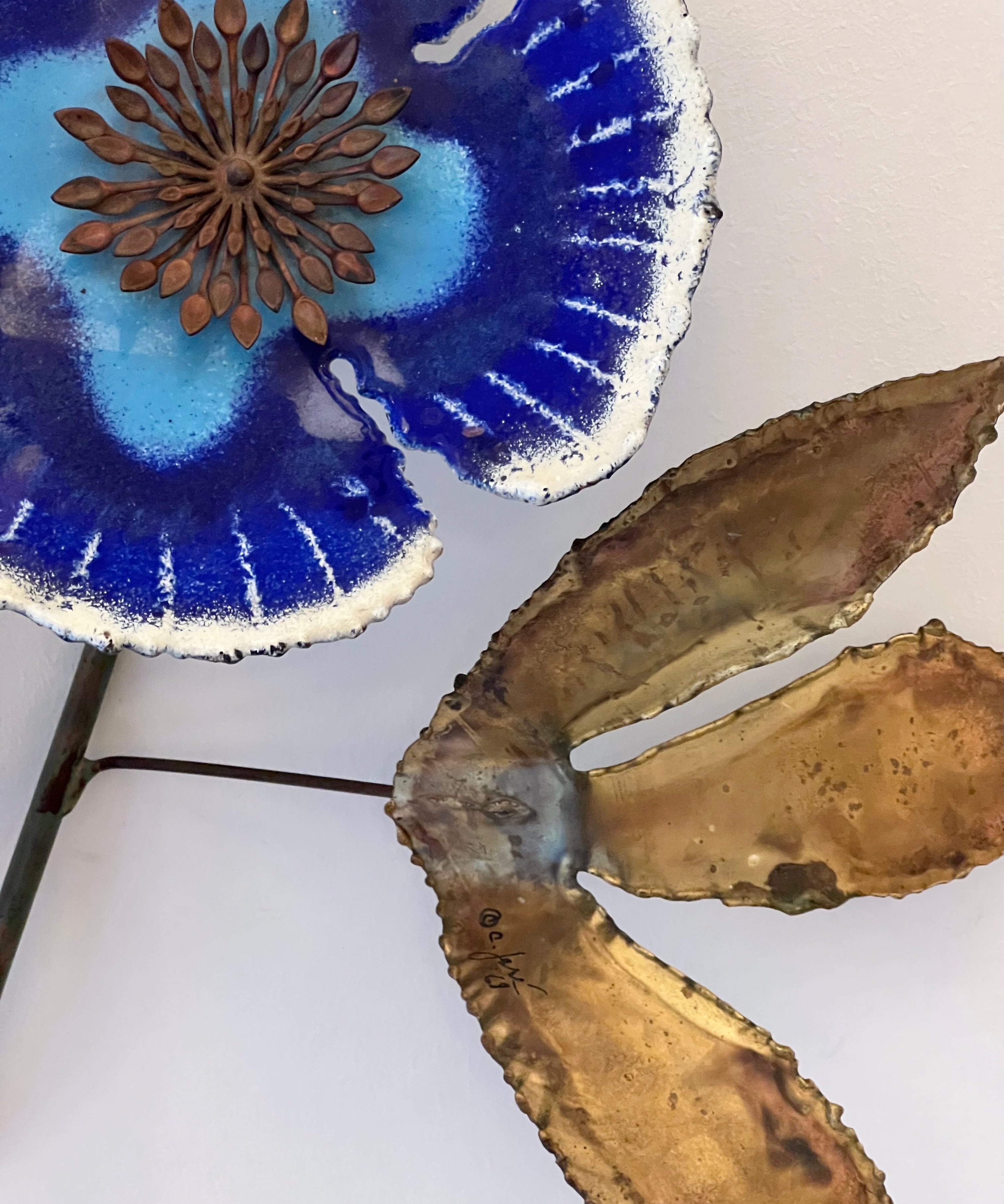 Vintage Curtis Jere blue enamel wall flower sculpture