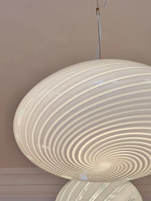 Large vintage oval white swirl Murano ceiling lamp (D50)