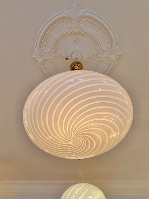 Large vintage oval light pink swirl Murano ceiling lamp (D50)